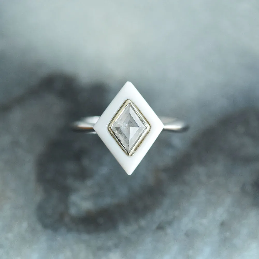 0.64ct Rosecut Diamond and White Onyx Gemstone Halo Ring - White Onyx Art Deco Ring in 14k White Gold