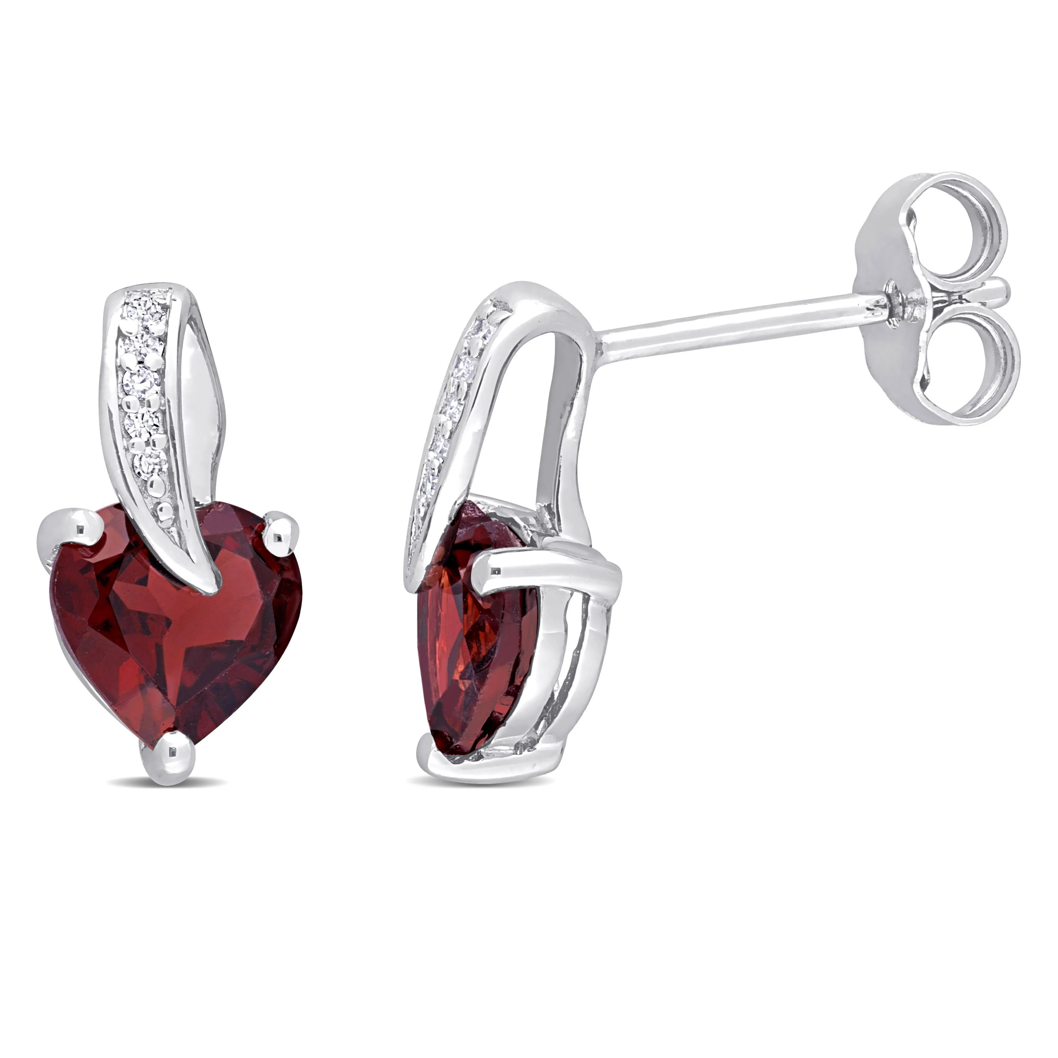 1 3/4 CT TGW Heart Shape Garnet and Diamond Accent Stud Earrings in Sterling Silver