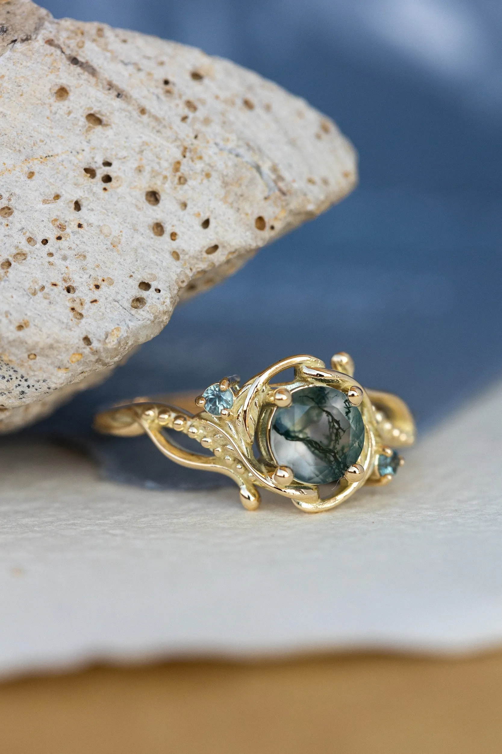 1 carat moss agate and accent teal sapphires engagement ring set, nature inspired bridal ring set / Undina