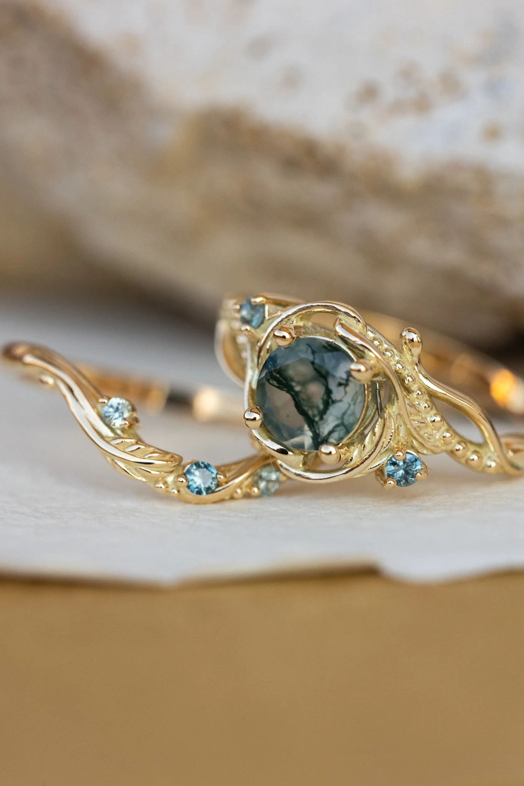 1 carat moss agate and accent teal sapphires engagement ring set, nature inspired bridal ring set / Undina