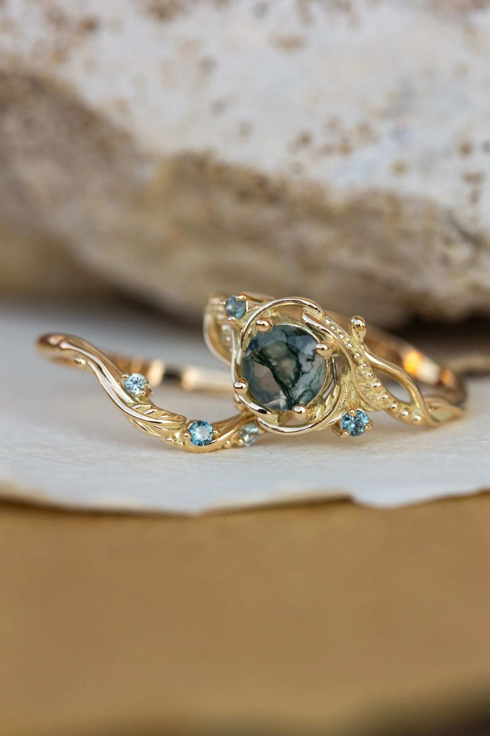 1 carat moss agate and accent teal sapphires engagement ring set, nature inspired bridal ring set / Undina