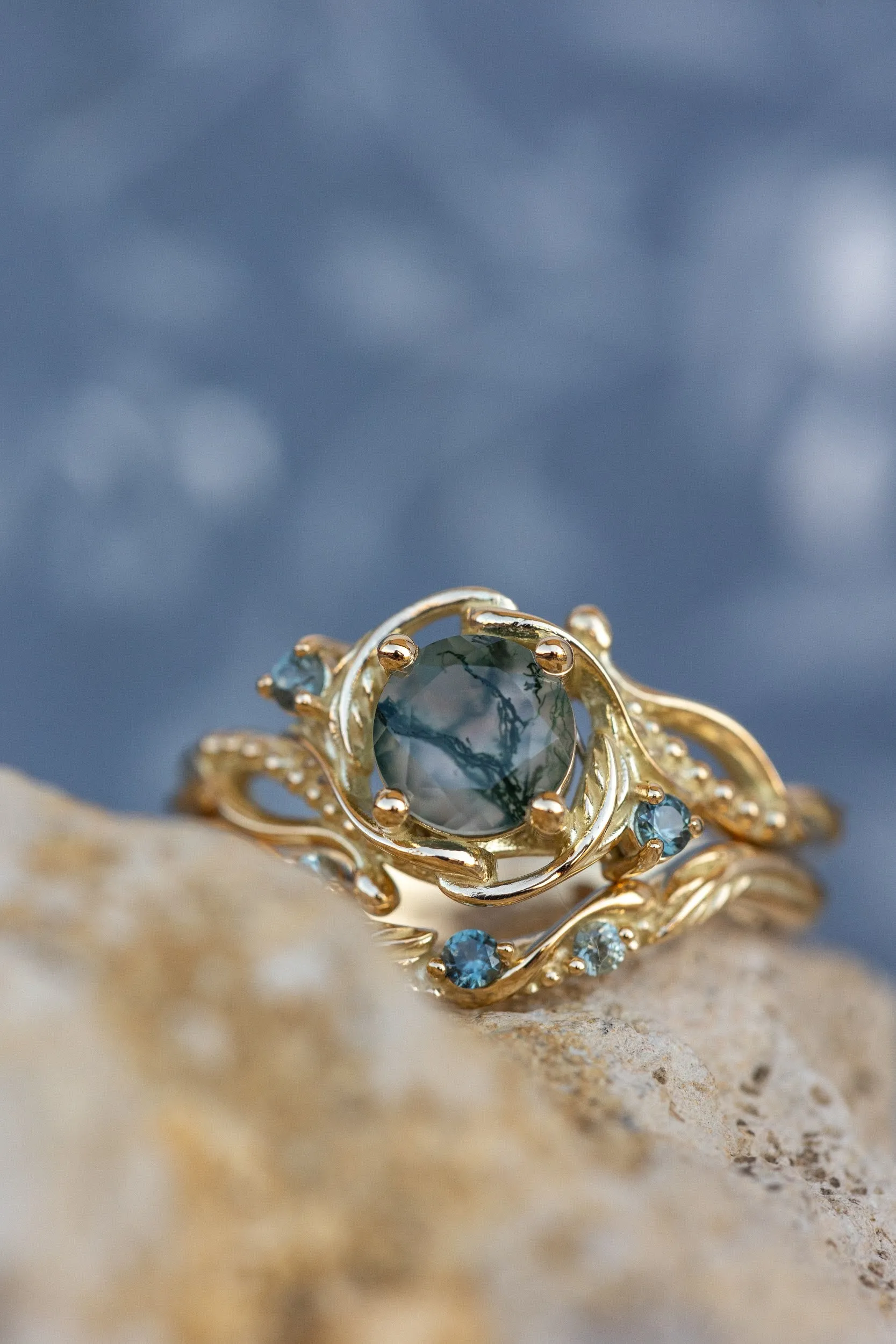 1 carat moss agate and accent teal sapphires engagement ring set, nature inspired bridal ring set / Undina