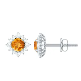 1 CT Classic Citrine Stud Earrings with Diamond Halo