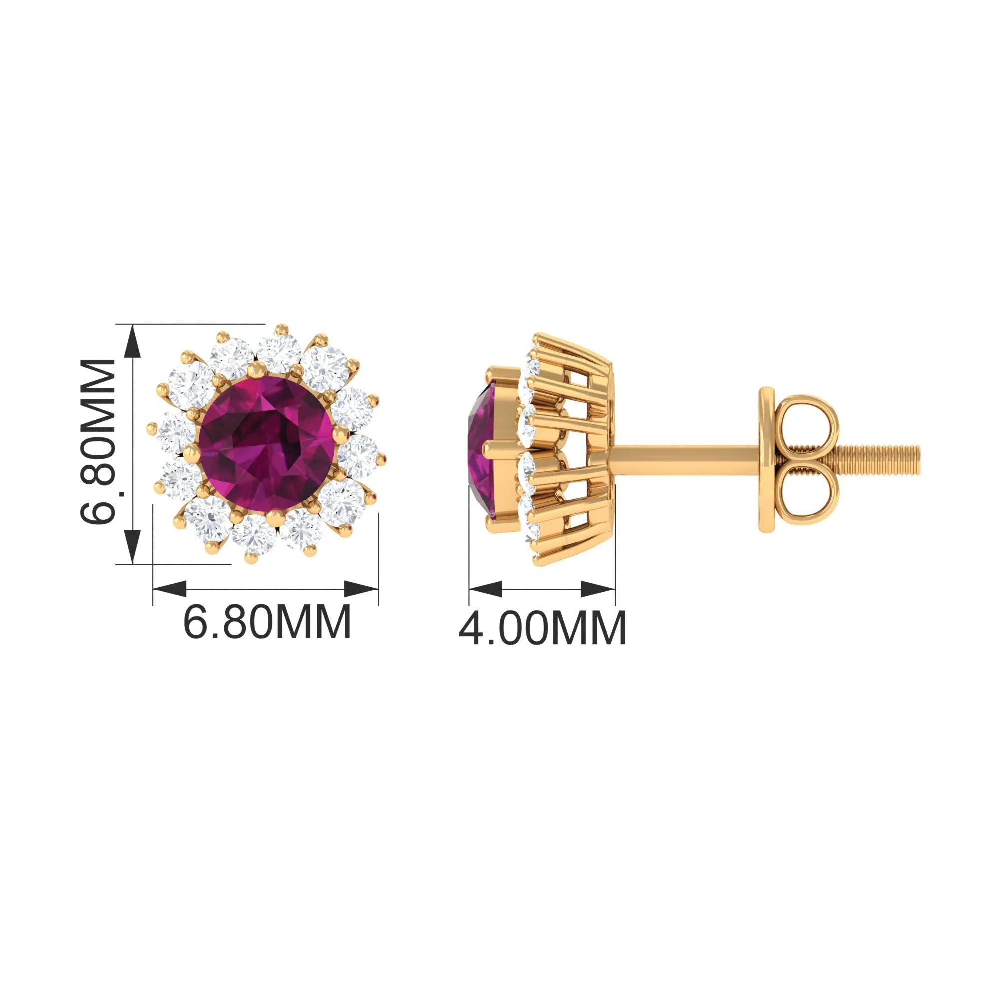 1 CT Classic Rhodolite and Diamond Halo Stud Earrings