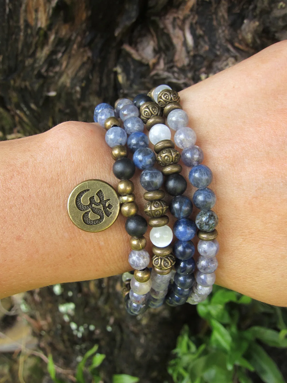 108 Bead Mala in Russian Shungite, Selenite, Sodalite and Iolite Necklace