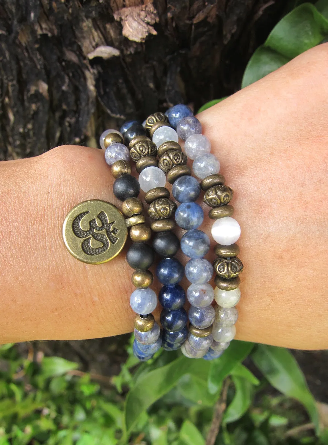 108 Bead Mala in Russian Shungite, Selenite, Sodalite and Iolite Necklace