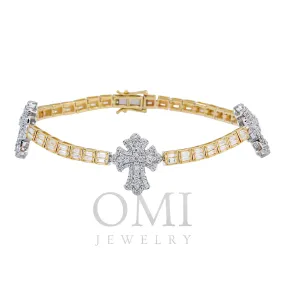 10K GOLD TWO TONE ROUND AND BAGUETTE DIAMONDS CROSS BRACELET 3.75 CT