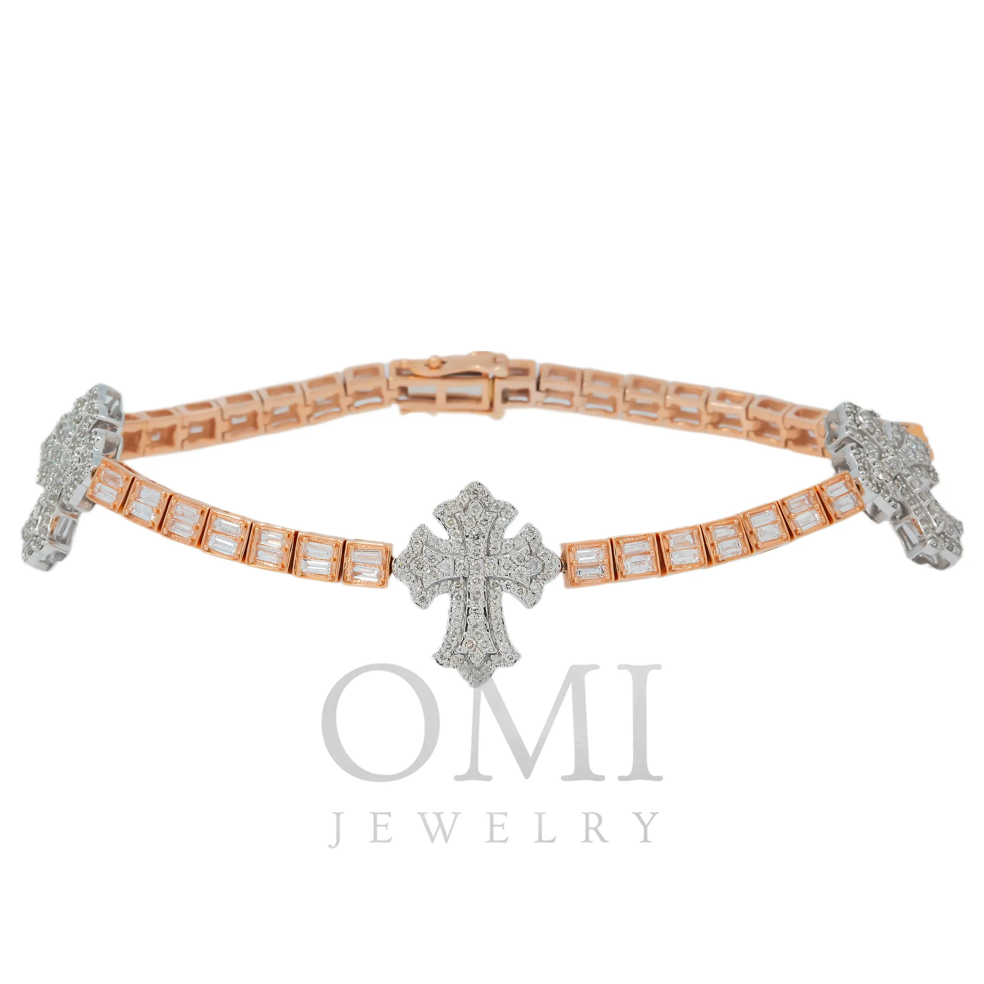 10K GOLD TWO TONE ROUND AND BAGUETTE DIAMONDS CROSS BRACELET 3.75 CT