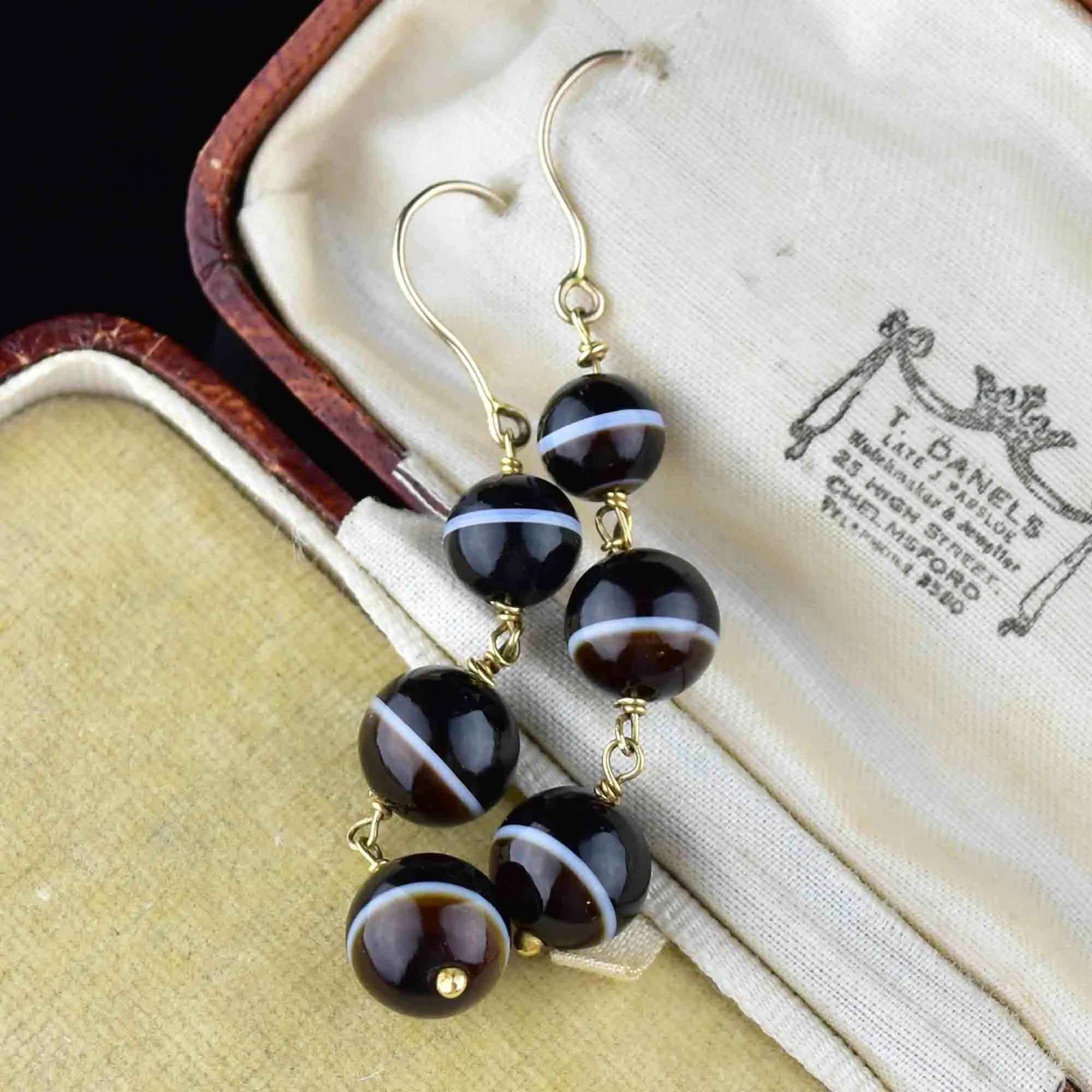 14K Gold Banded Agate Ball Drop Earrings