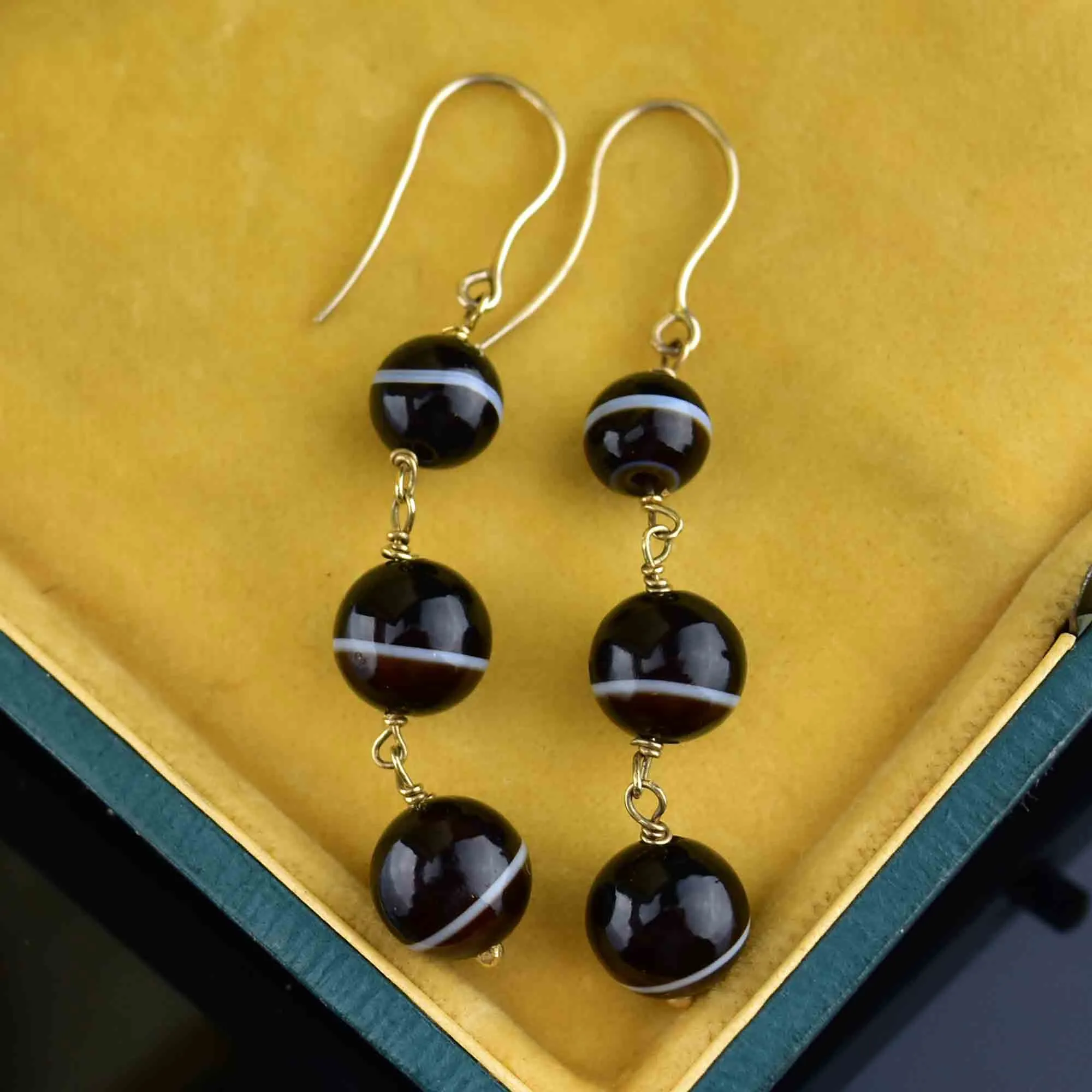 14K Gold Banded Agate Ball Drop Earrings