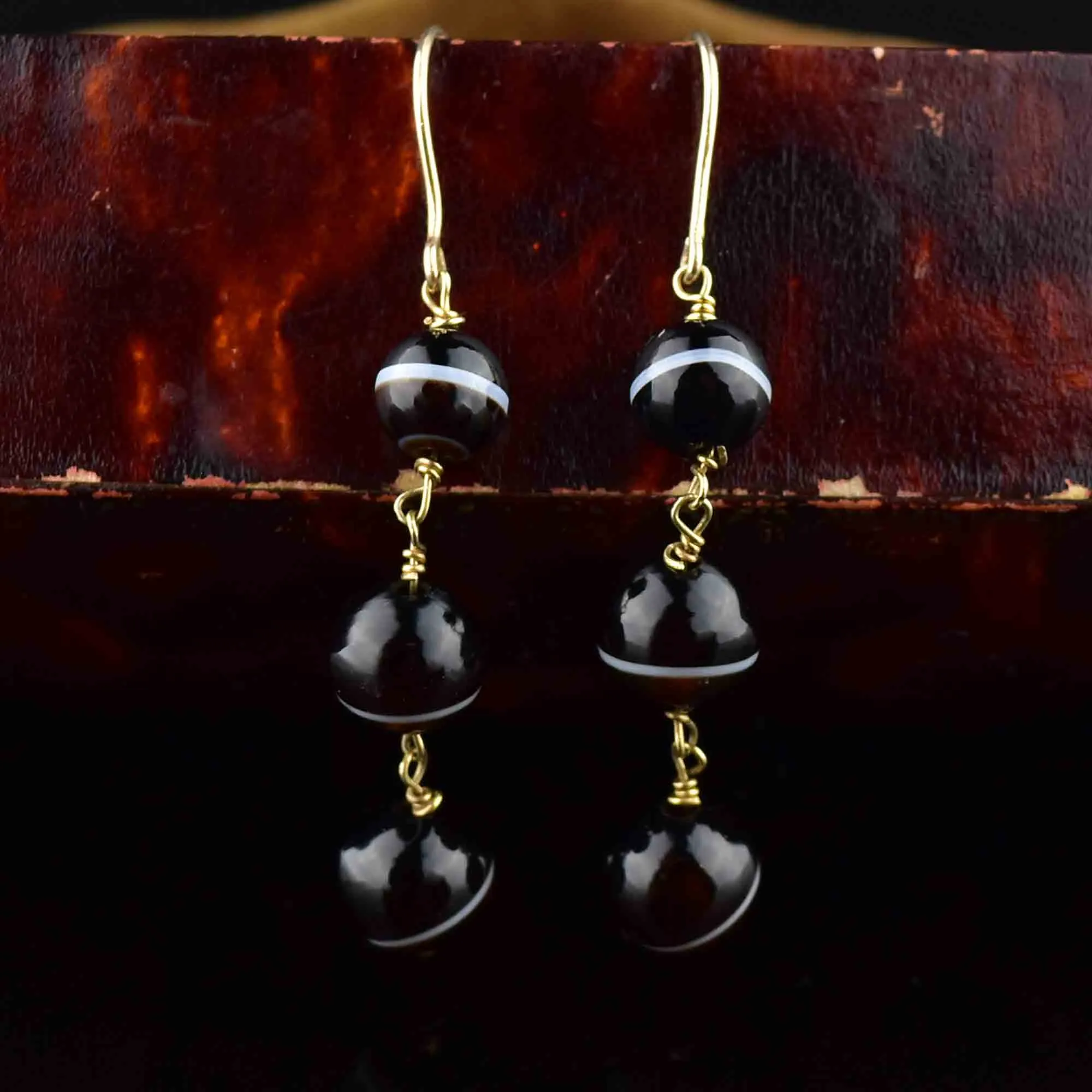 14K Gold Banded Agate Ball Drop Earrings