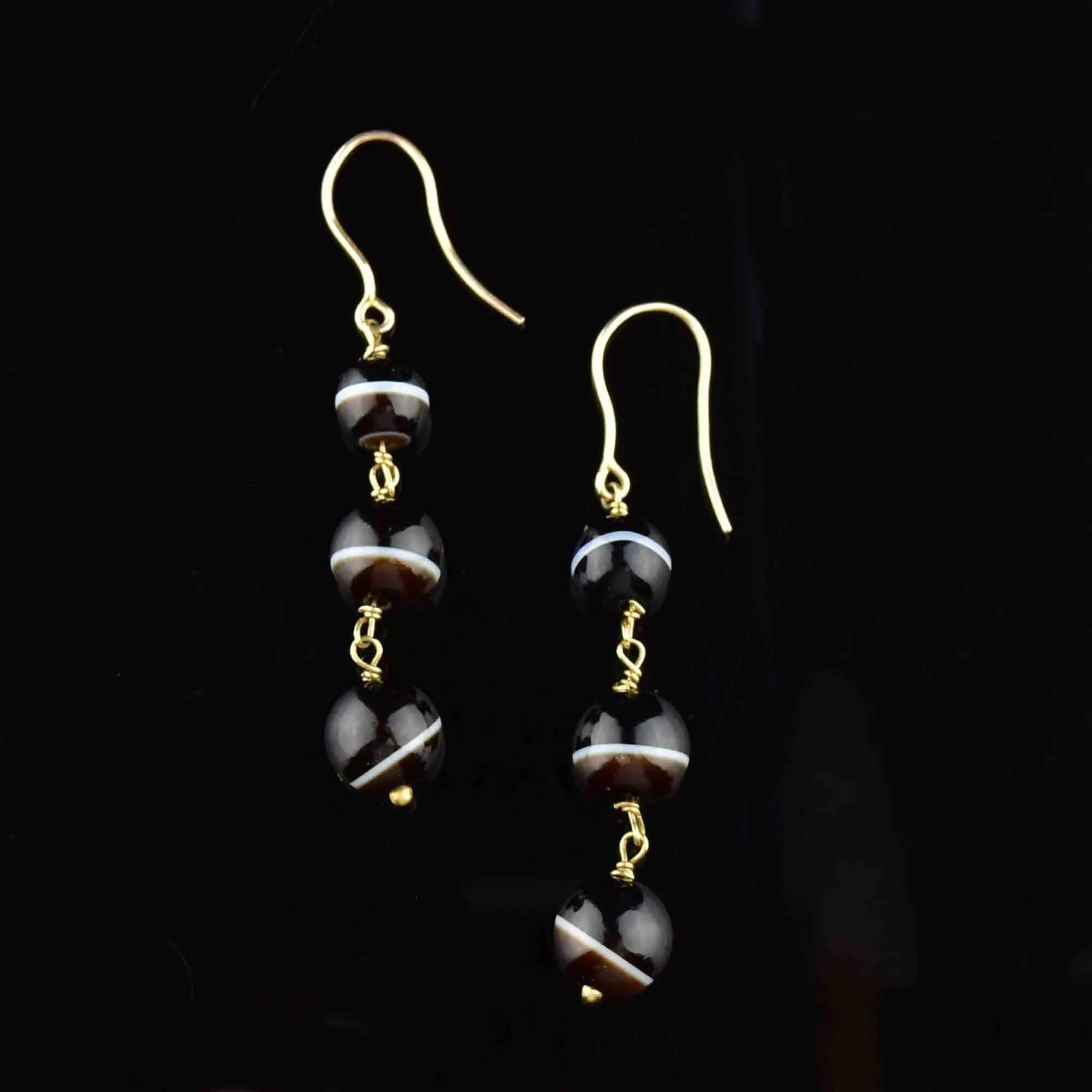 14K Gold Banded Agate Ball Drop Earrings