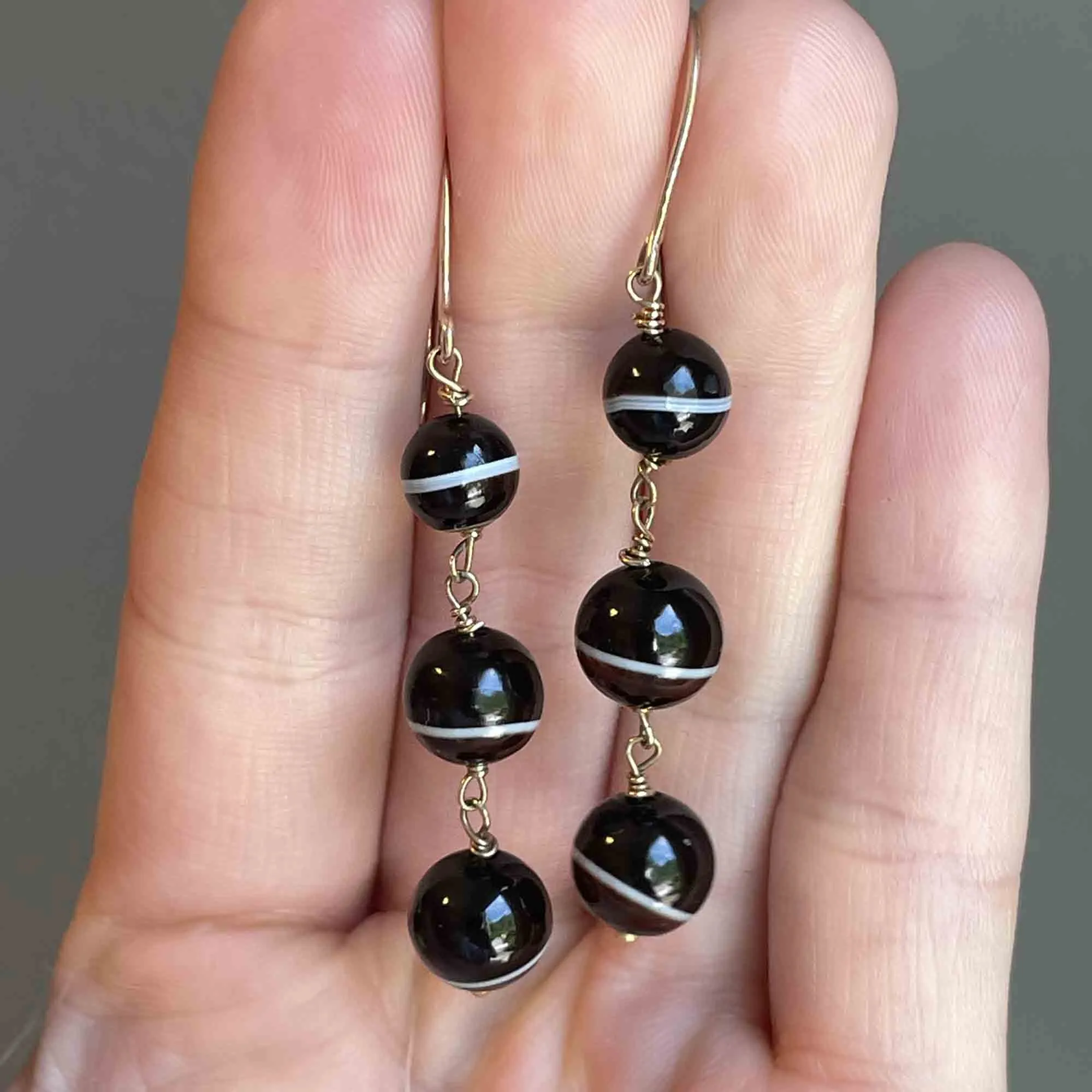 14K Gold Banded Agate Ball Drop Earrings