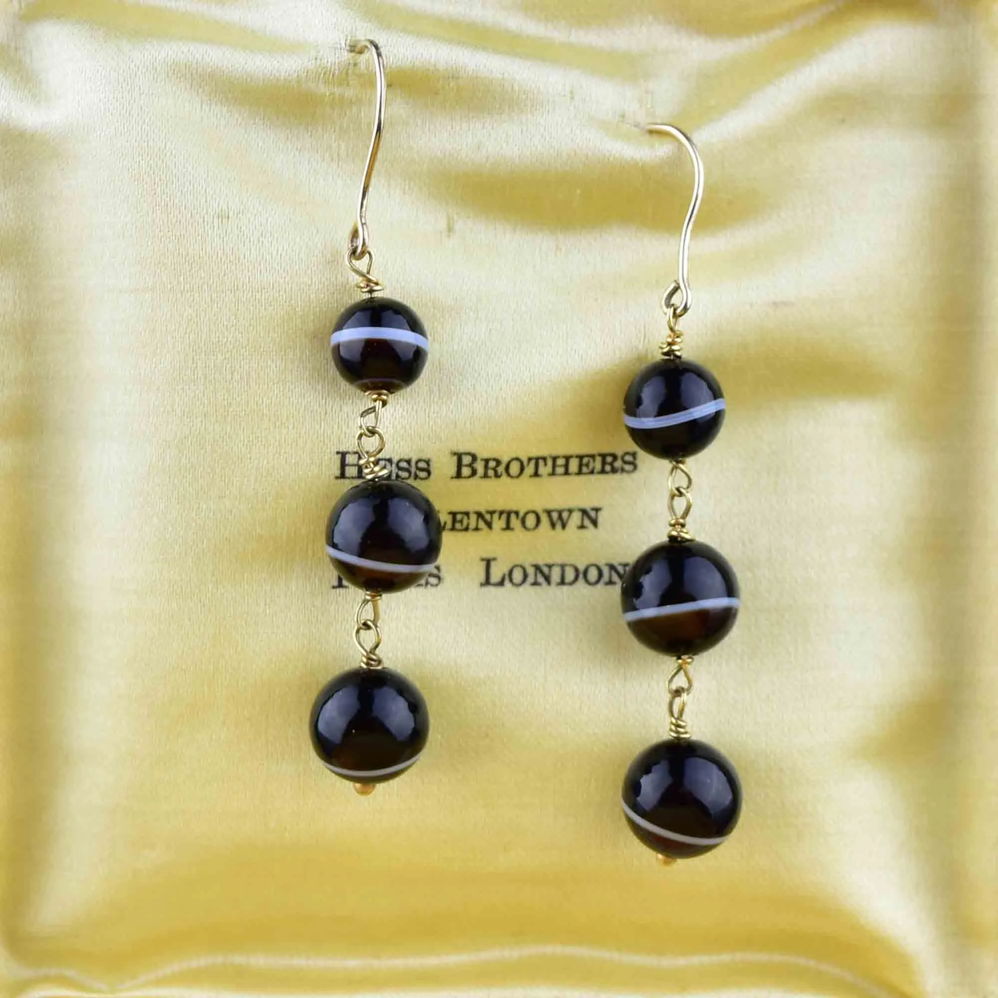 14K Gold Banded Agate Ball Drop Earrings