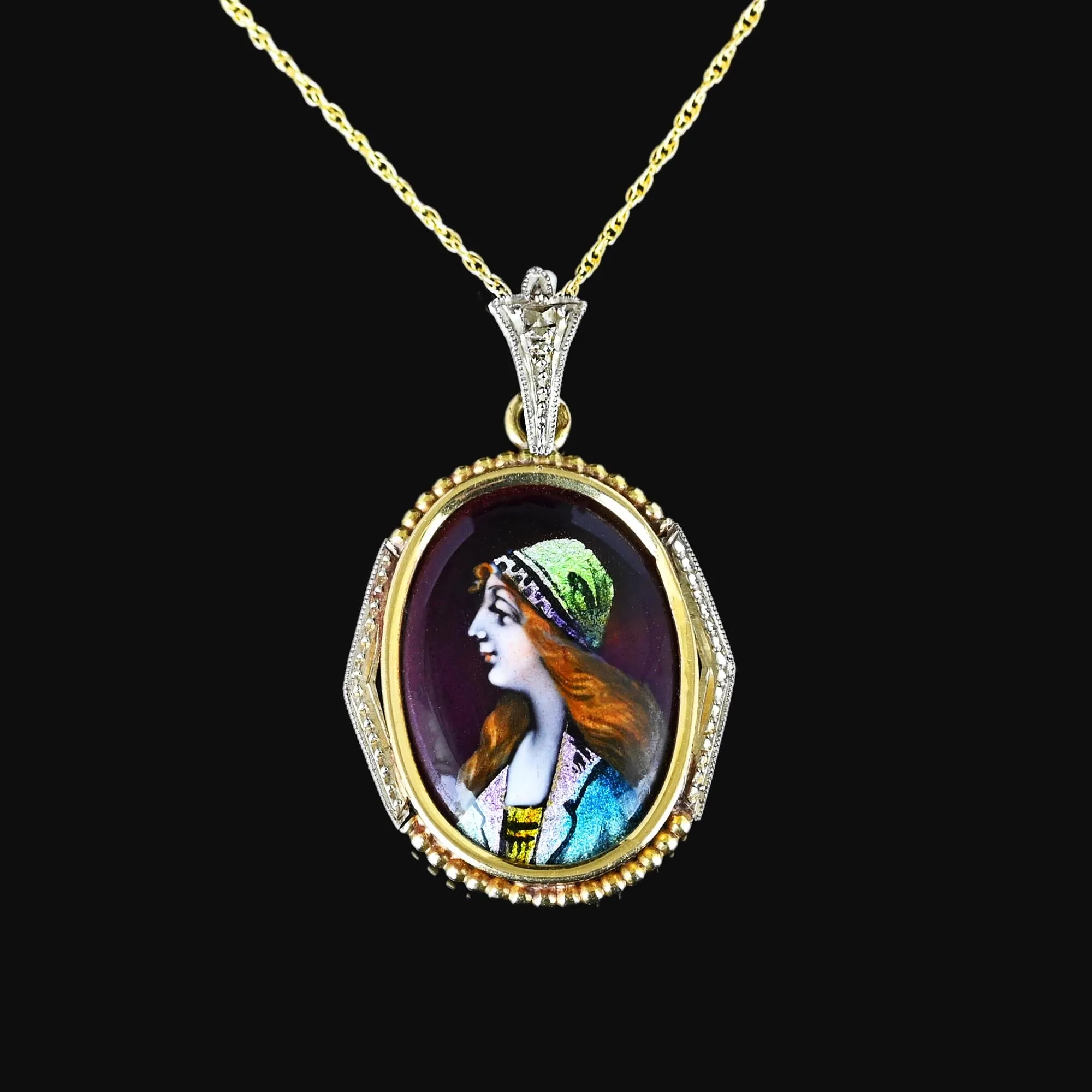 14k Gold French Limoges Enamel Portrait Pendant