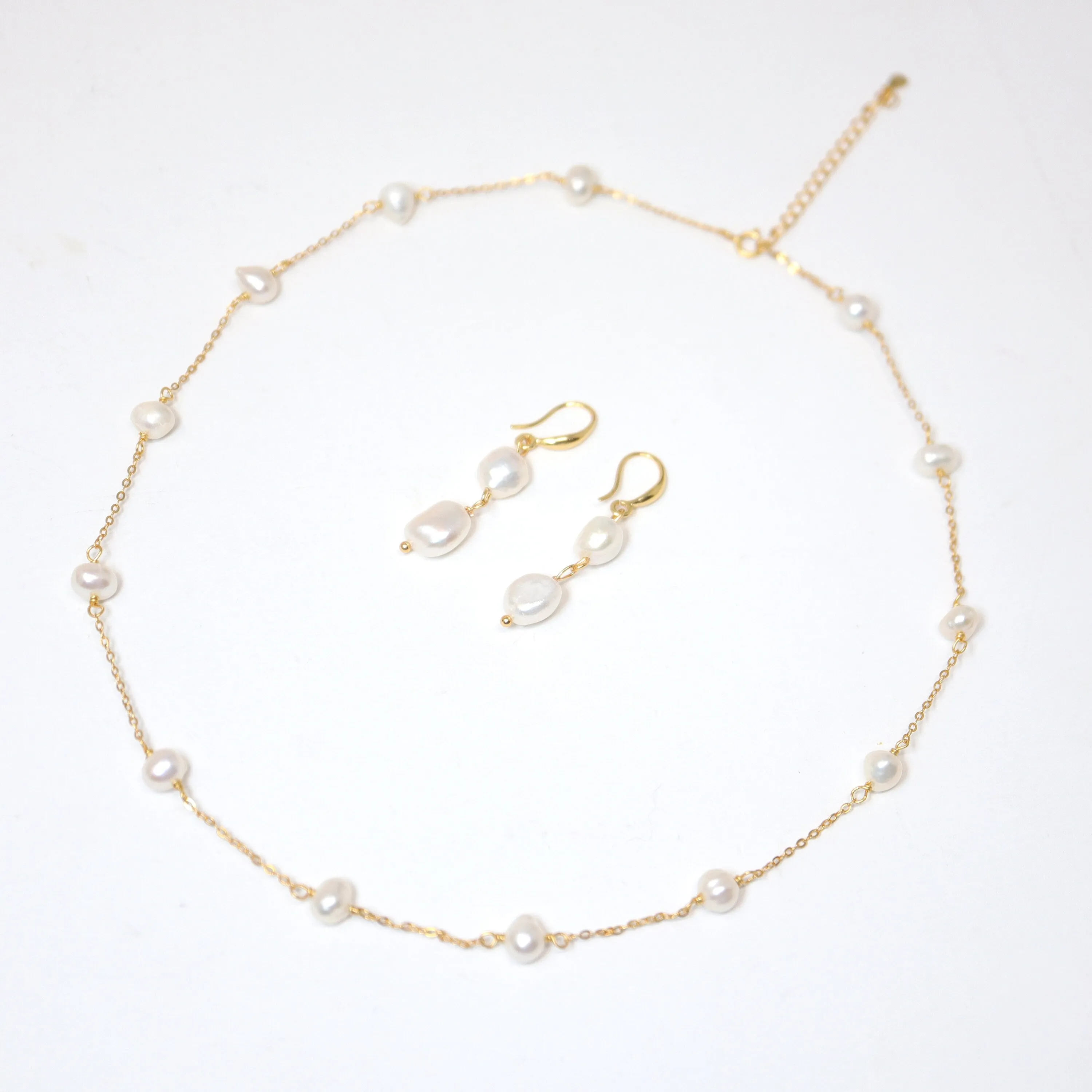 14k Gold Plated Real Natural Pearl Bezels Necklace set , Long Bridal Jewelry, Dainty Pearl Necklace Bridal Earrings Statement Earrings