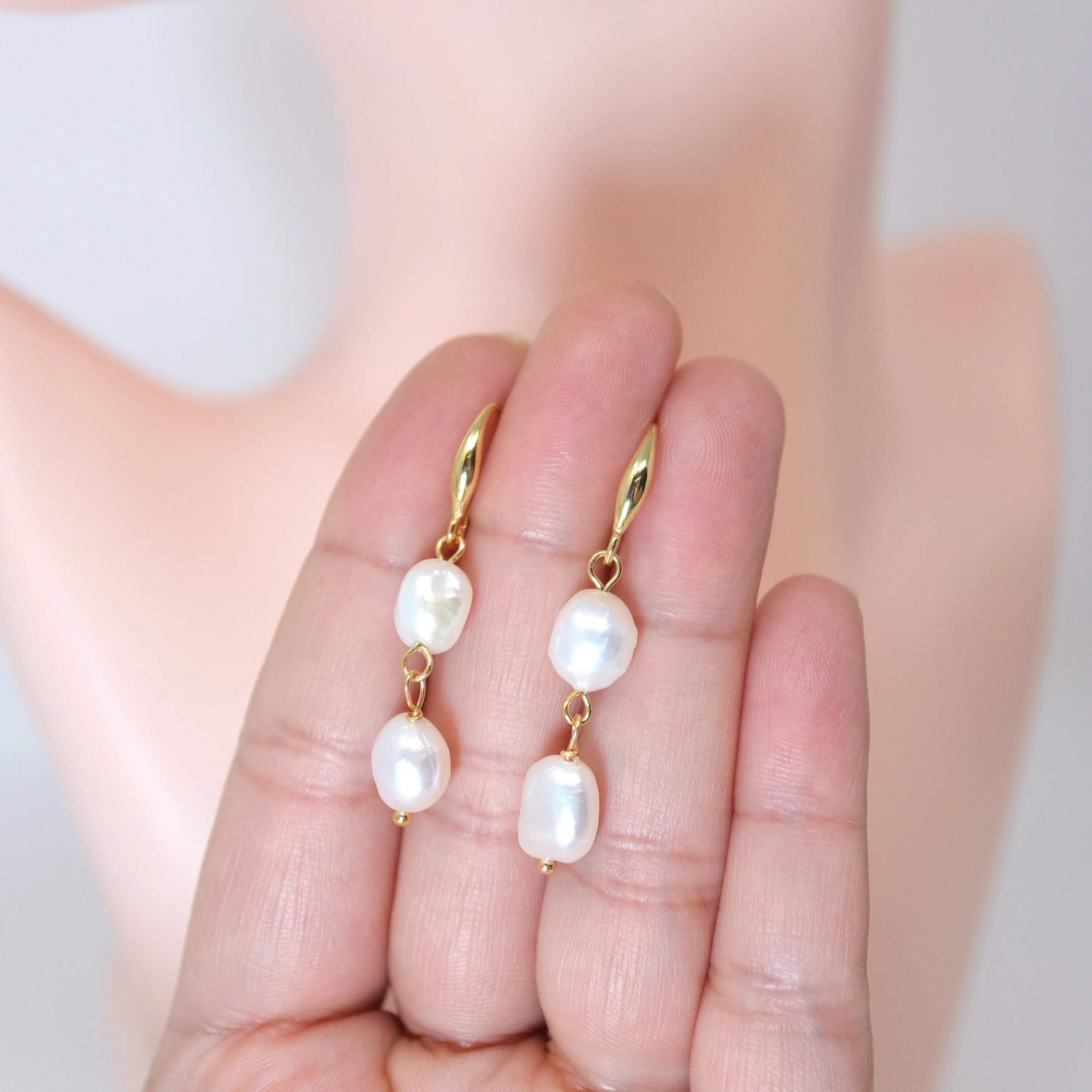 14k Gold Plated Real Natural Pearl Bezels Necklace set , Long Bridal Jewelry, Dainty Pearl Necklace Bridal Earrings Statement Earrings