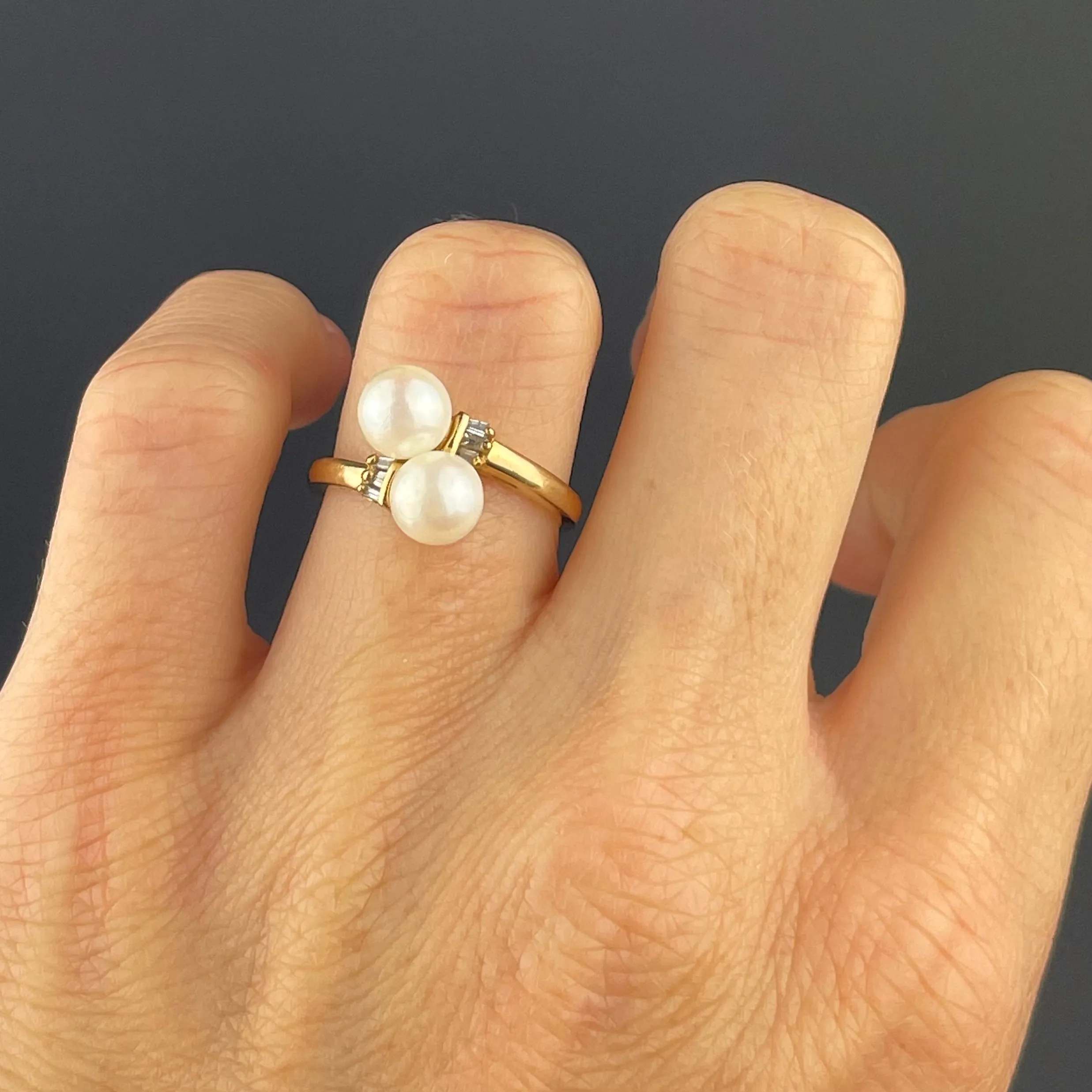 14K Gold Toi et Moi Pearl Diamond Bypass Ring