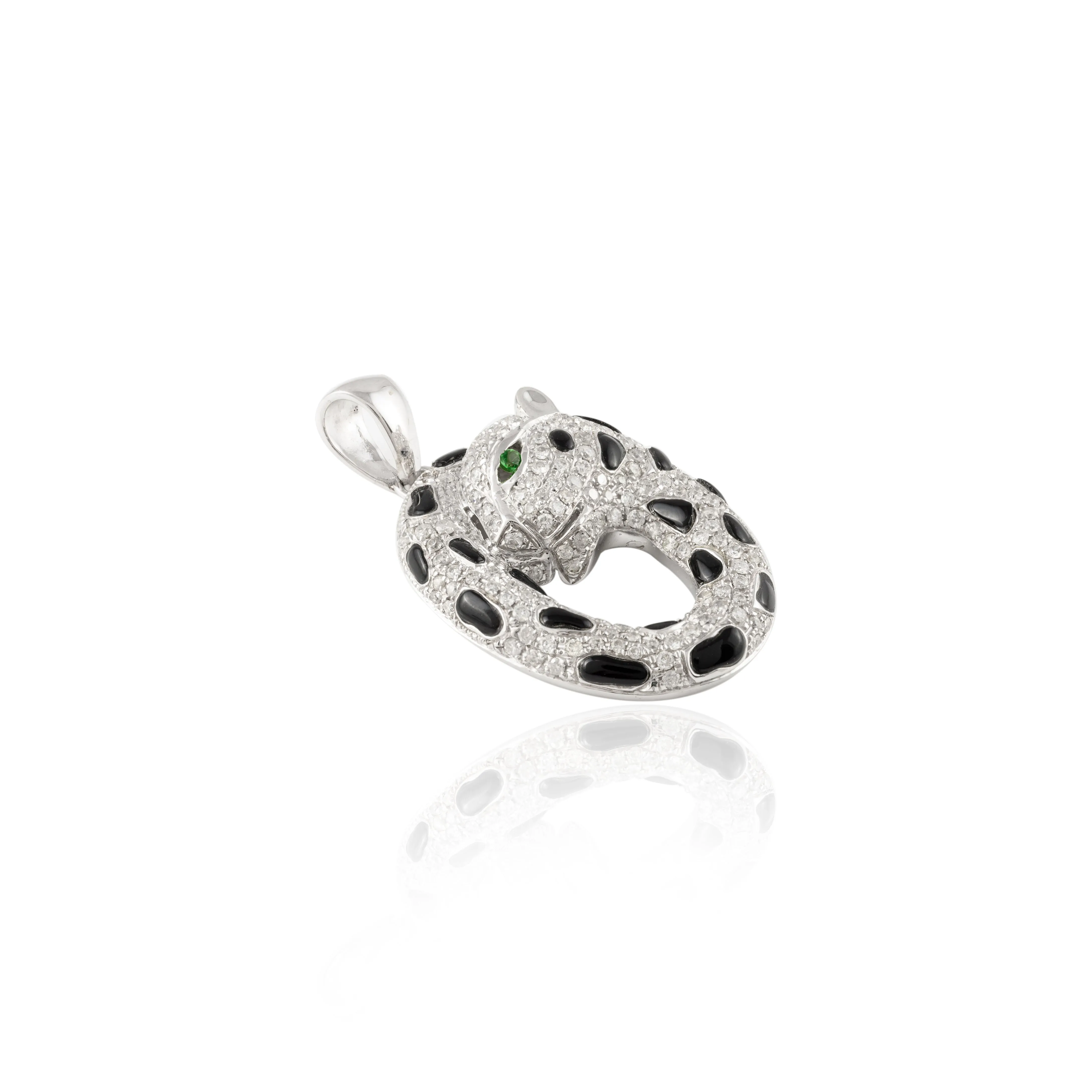 14k Solid White Gold Panther Diamond Onyx Pendant