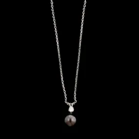 14K White Gold Estate Cultured Black Pearl and Diamond Pendant Necklace