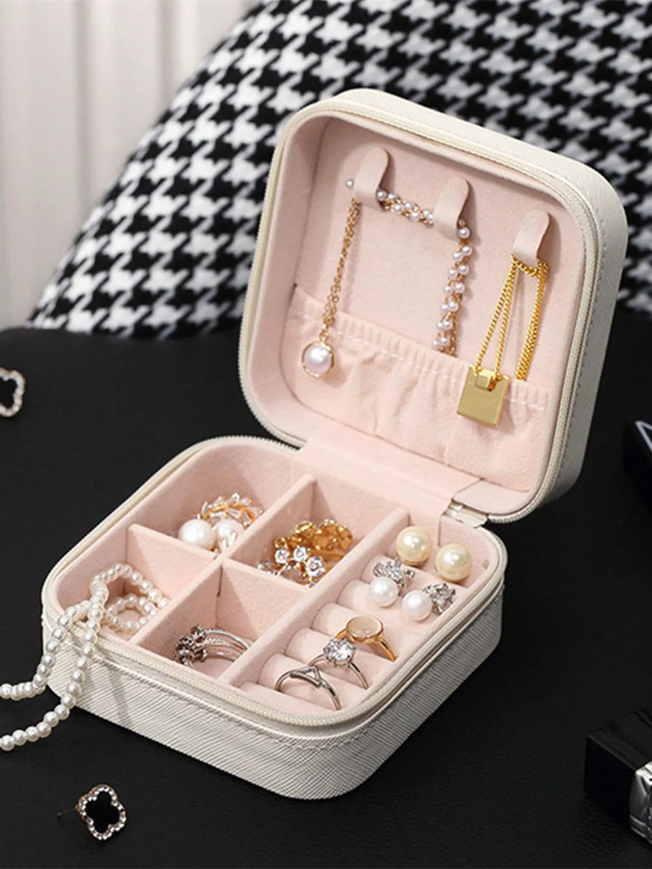 1pc Elegant Portable Jewelry Organizer Box For Necklace Earrings Rings Storage