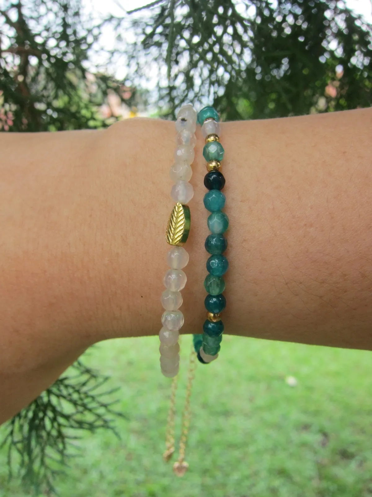 2 piece set - Dainty Green Emerald, Prehnite Bracelets