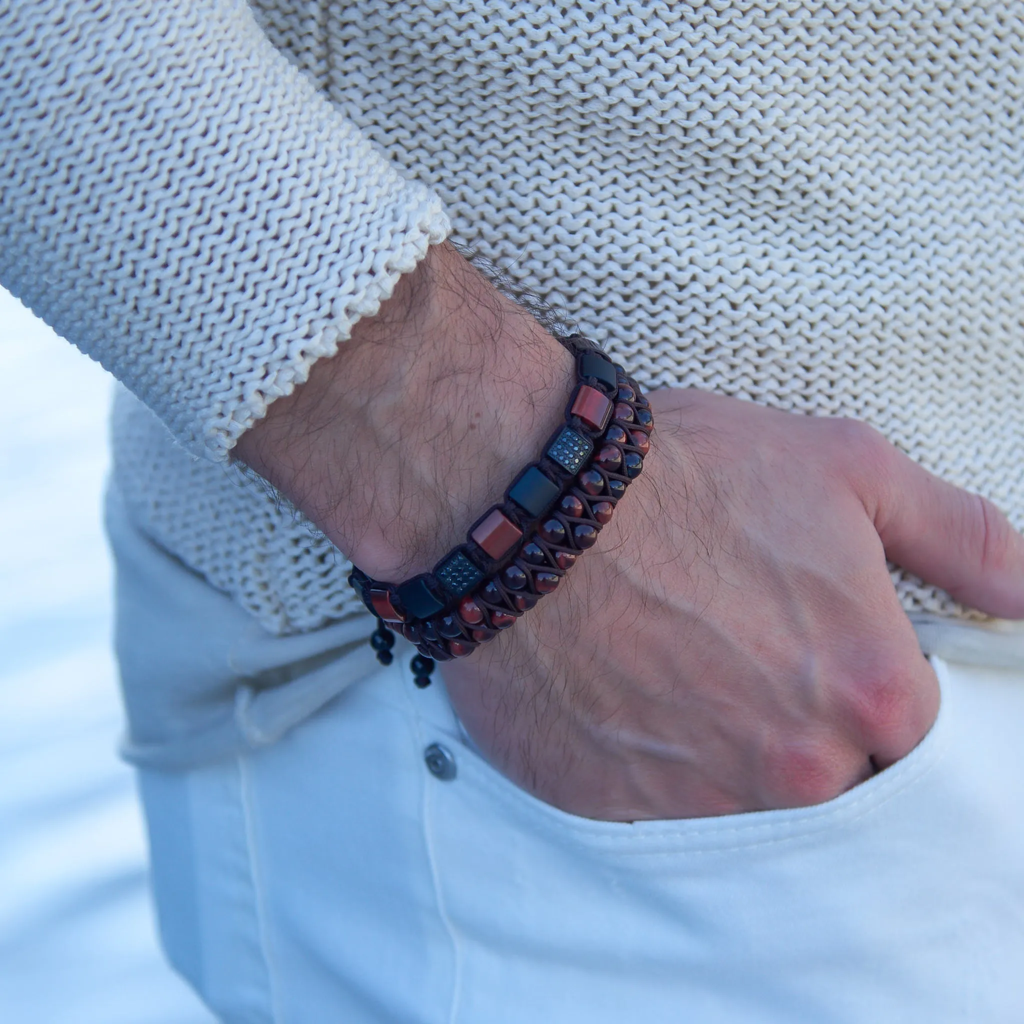 2 PIECE SET - RED TIGER EYE Double Bead & Flatbead Bracelet