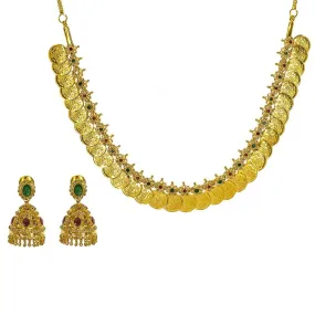 22K Yellow Gold Uncut Diamond Laxmi Necklace Set W/ 6.6ct Uncut Diamonds, Rubies, Emeralds, & Laxmi Kasu