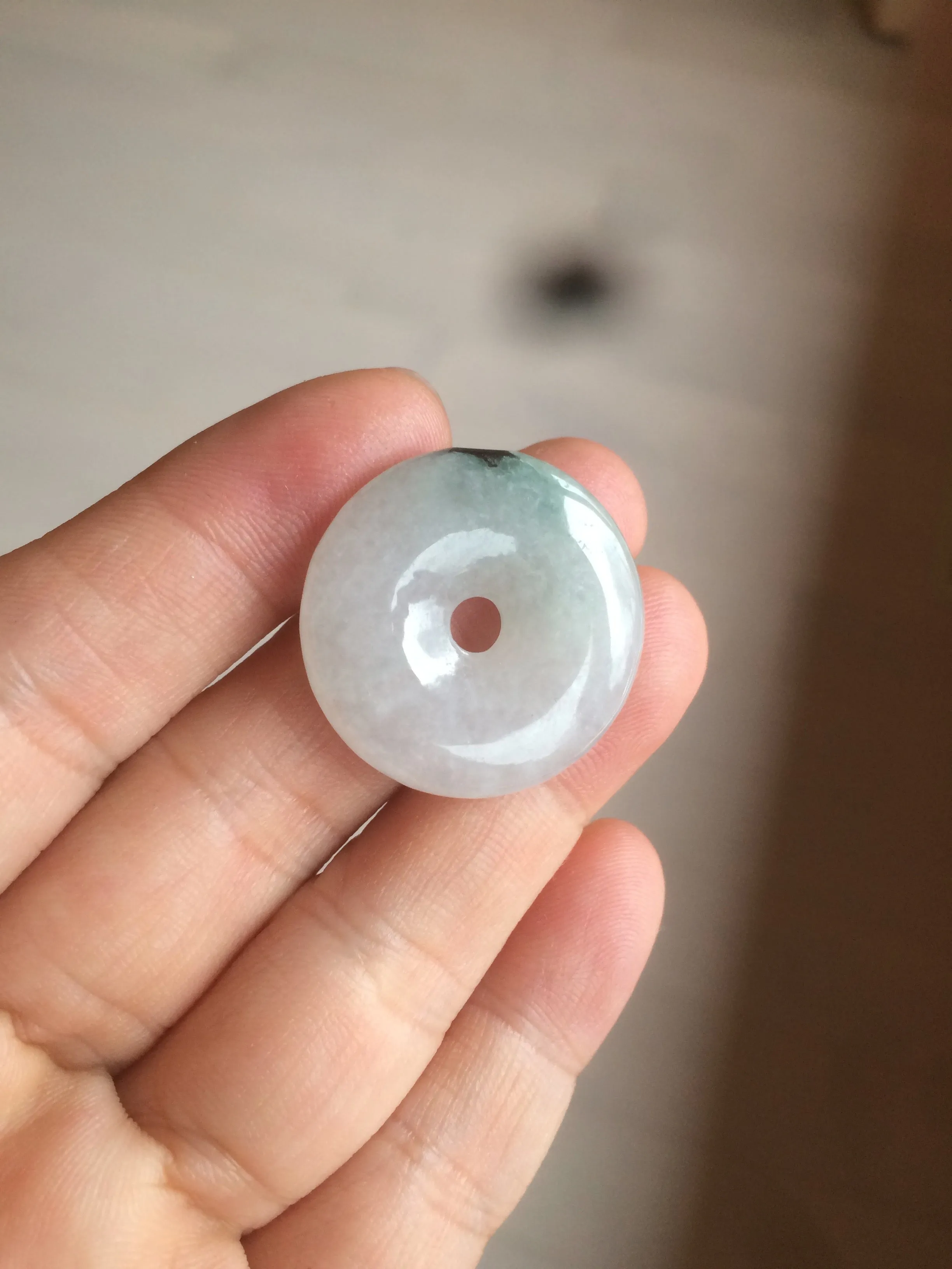 26.2/5.5mm 100% Natural icy watery green/white with green floating flowers jadeite Jade Safety Guardian Button(donut) Pendant/worry stone BF47