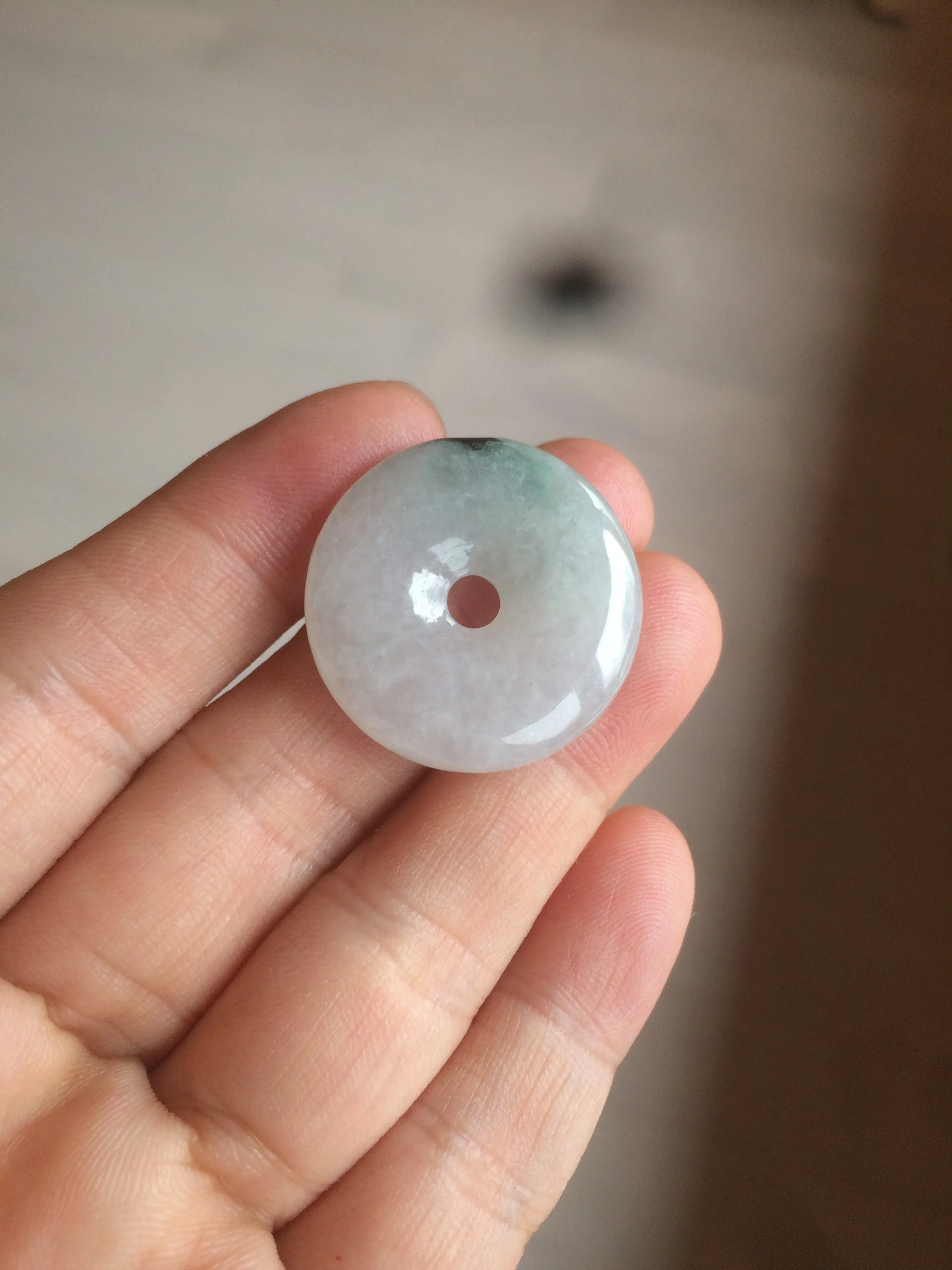 26.2/5.5mm 100% Natural icy watery green/white with green floating flowers jadeite Jade Safety Guardian Button(donut) Pendant/worry stone BF47