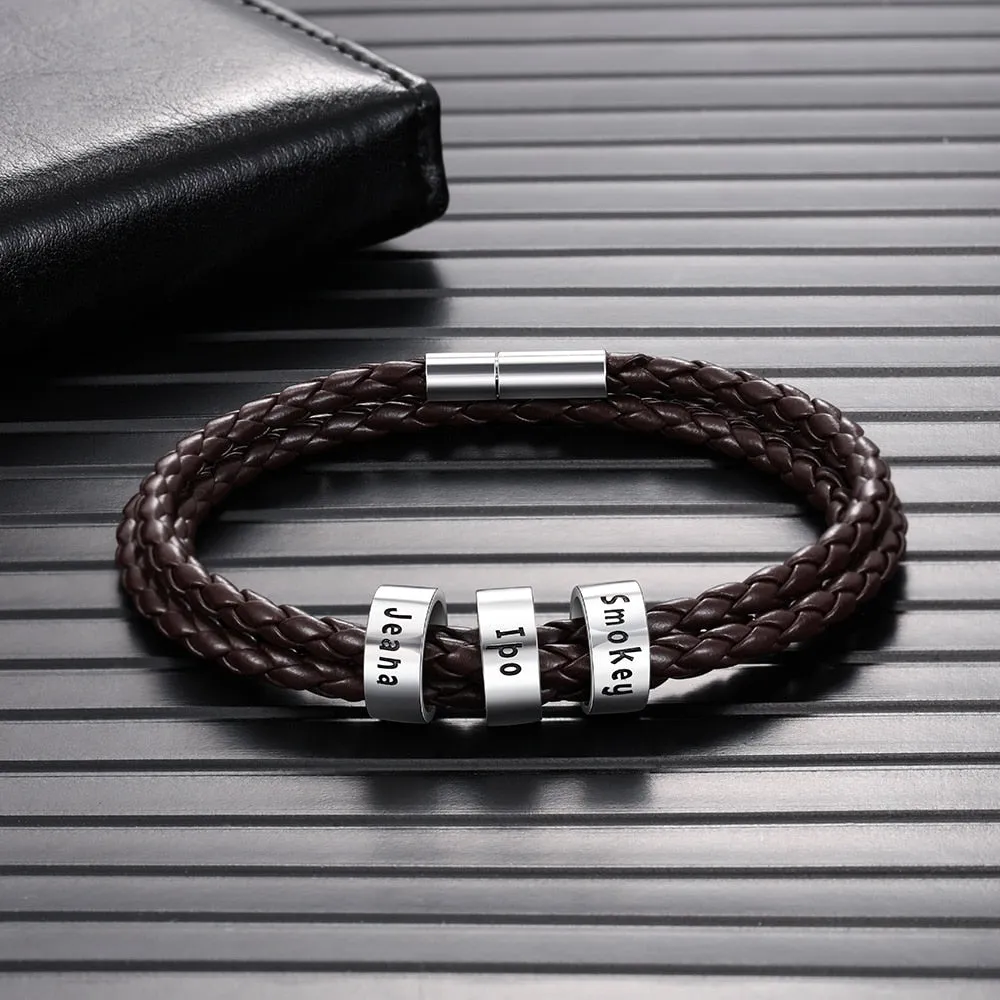 3 Names Beads Bracelets for Men Personalized Brown Braided Rope Leather Bracelet Male Jewelry Gift for Grandfather