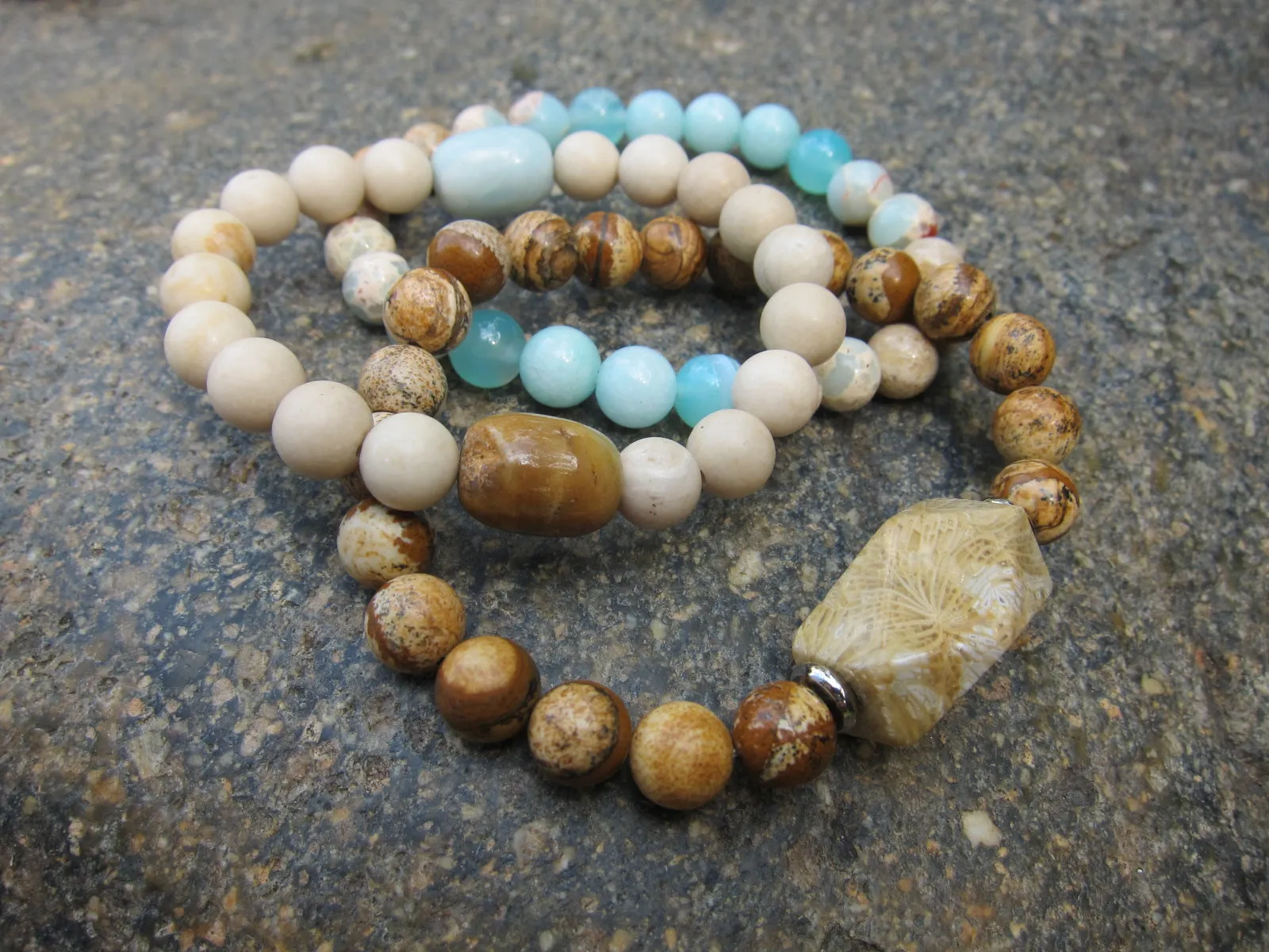 3 piece set - Fossil Coral, Jasper, Amazonite, Teal Blue Jade Mala Bracelets