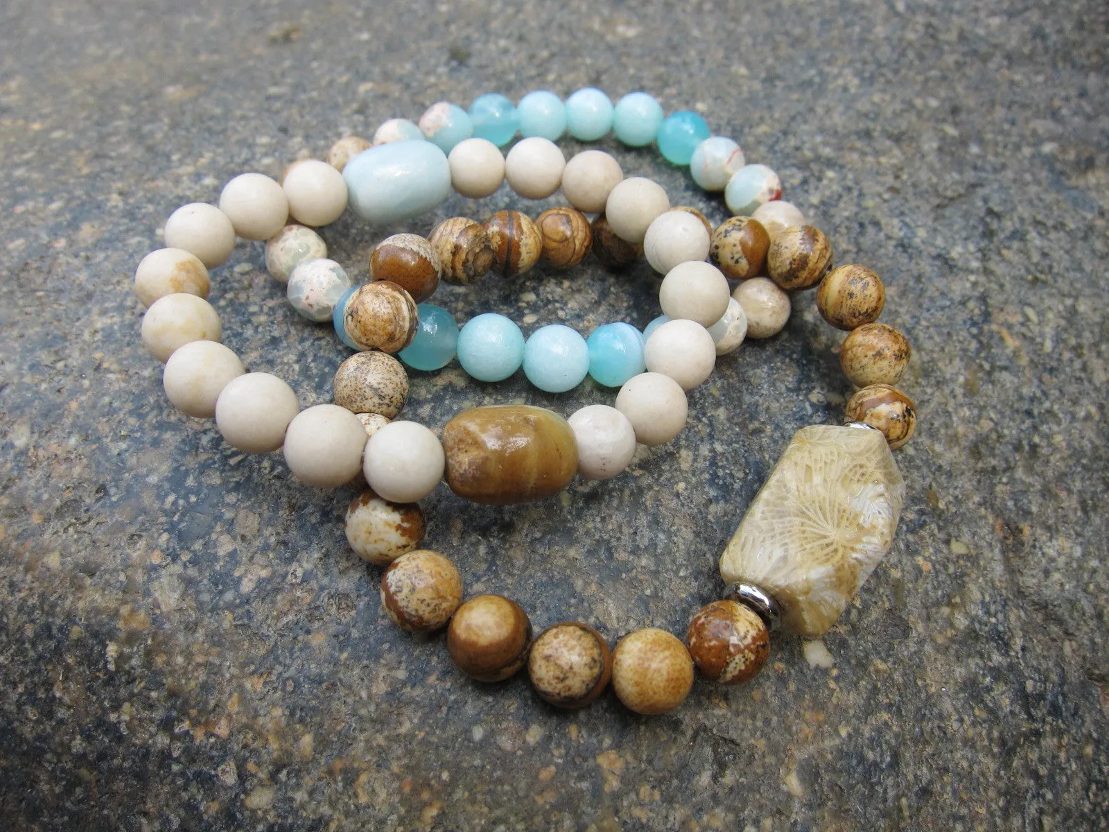 3 piece set - Fossil Coral, Jasper, Amazonite, Teal Blue Jade Mala Bracelets