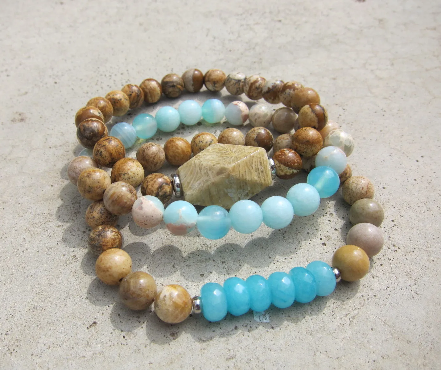 3 piece set - Fossil Coral, Jasper, Amazonite, Teal Blue Jade Mala Bracelets