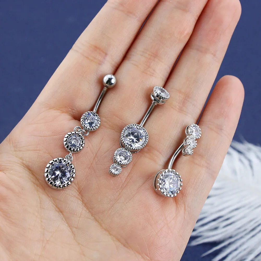 3PCS Clear CZ Belly Dangle Rings Belly Button Rings