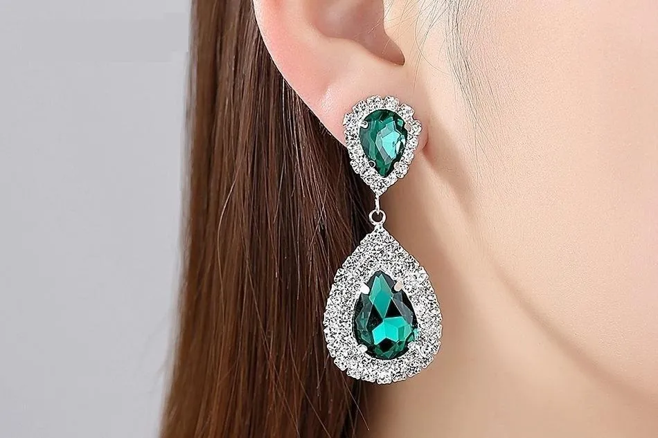 6 Colors Bridal Party Wedding Jewelry Clear Crystal Teardrop Long Earrings