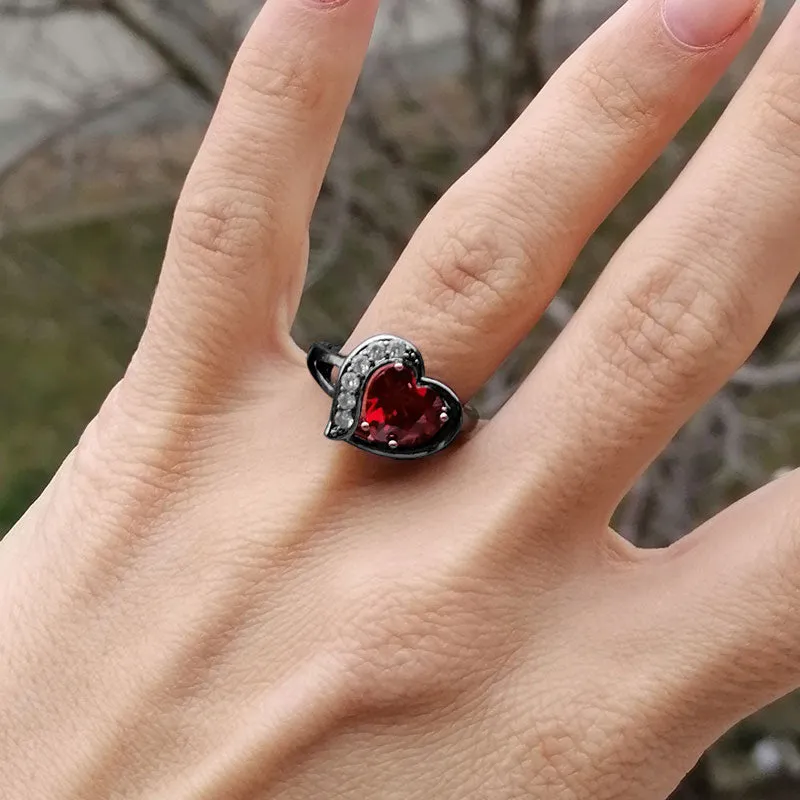 7mm Heart-Shaped Red Lab Ruby Stone with Cubic Zirconia Black-Rhodium-Plated Promise Ring