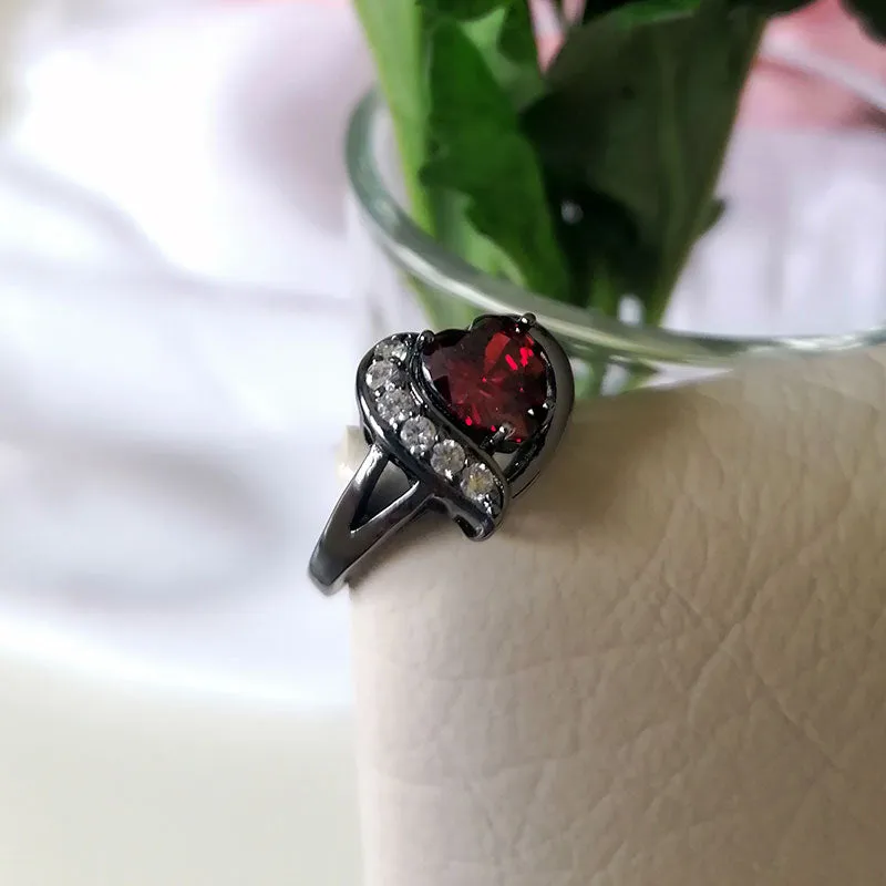 7mm Heart-Shaped Red Lab Ruby Stone with Cubic Zirconia Black-Rhodium-Plated Promise Ring