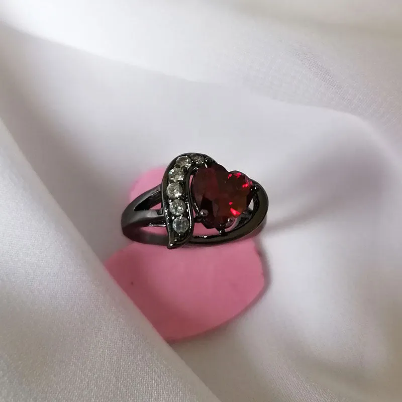 7mm Heart-Shaped Red Lab Ruby Stone with Cubic Zirconia Black-Rhodium-Plated Promise Ring