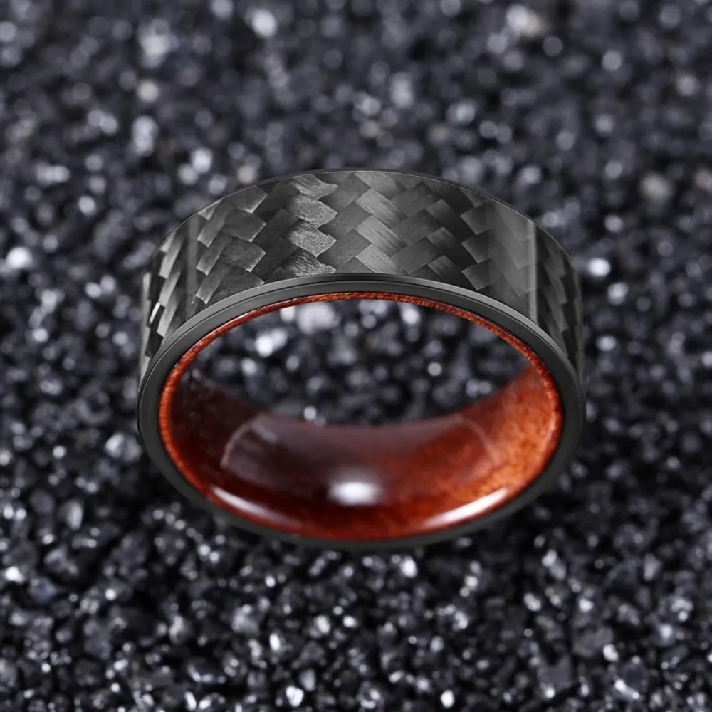 8mm Black Carbon Fiber with Rosewood Interior Comfort Fit Wedding Band