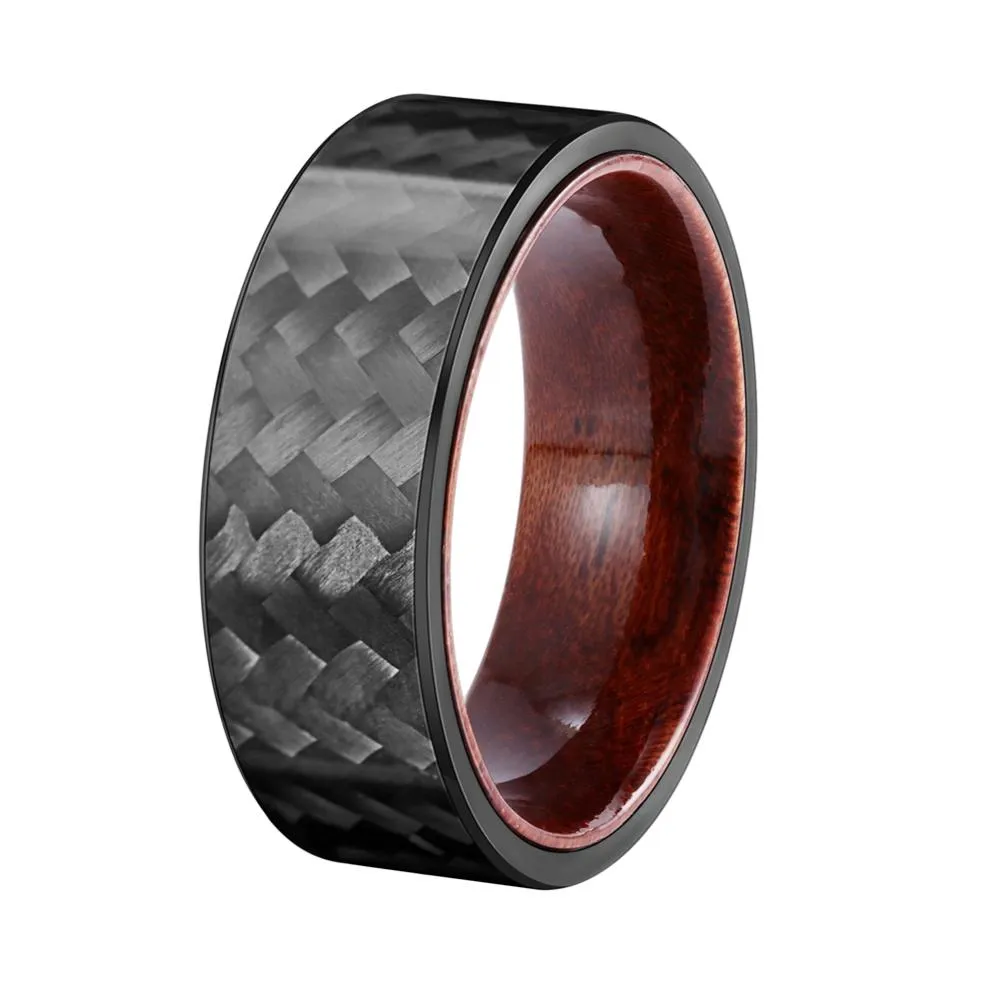 8mm Black Carbon Fiber with Rosewood Interior Comfort Fit Wedding Band