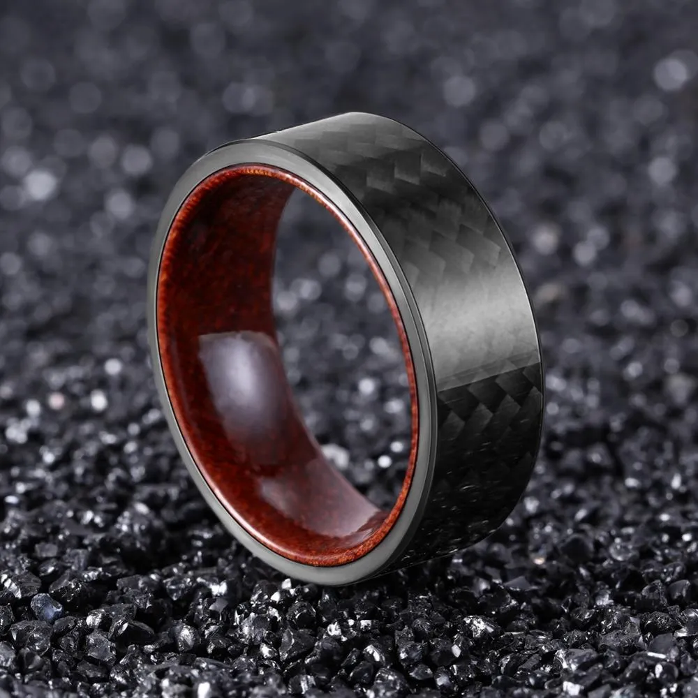 8mm Black Carbon Fiber with Rosewood Interior Comfort Fit Wedding Band