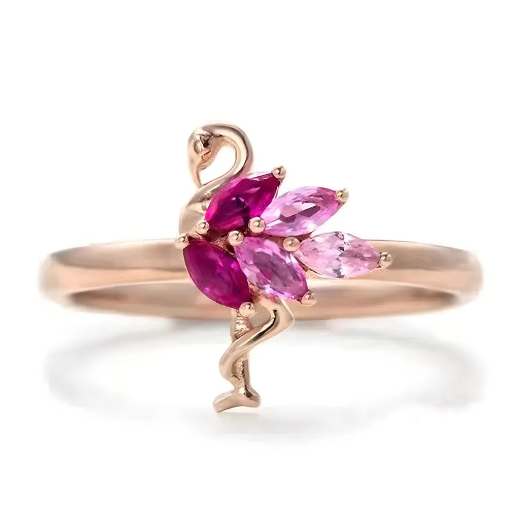 925 Sterling Silver Crystal Lovely Little Flamingo Ring Pink