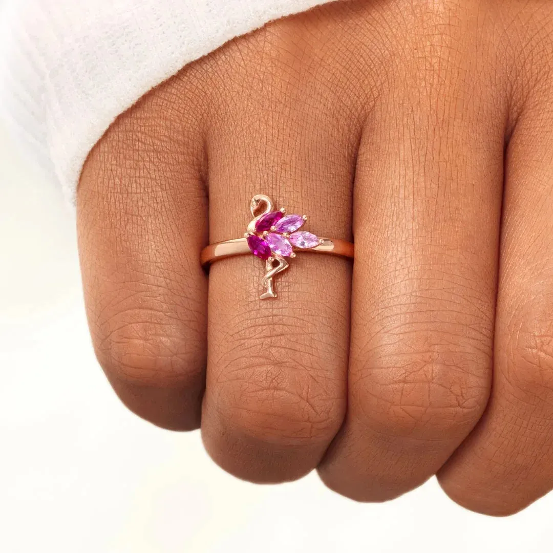 925 Sterling Silver Crystal Lovely Little Flamingo Ring Pink