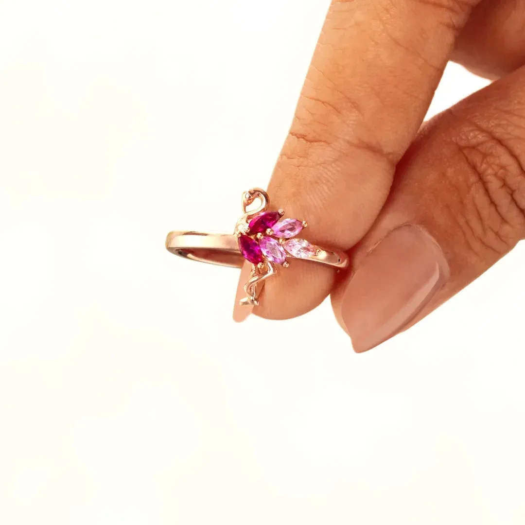 925 Sterling Silver Crystal Lovely Little Flamingo Ring Pink