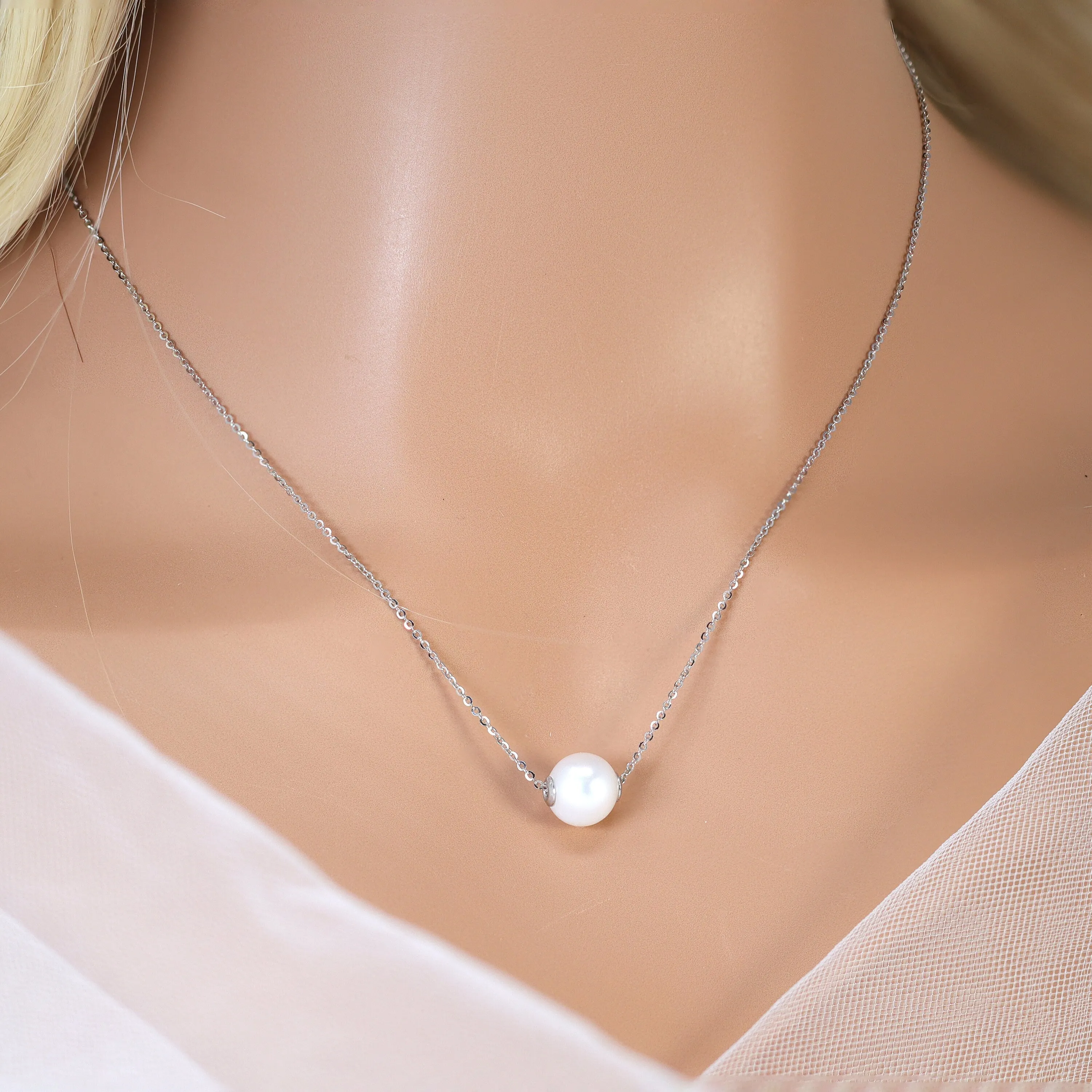 925 Sterling Silver Dainty Natural Cultured Floating Pearl Necklace, Bridal Chocker Necklace, Statement Earrings Cz