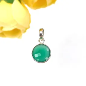 925 Sterling Silver PENDANT : 1.62gms Natural GREEN ONYX Gemstone Round Shape Bezel Set Minimalist Pendant 0.85"