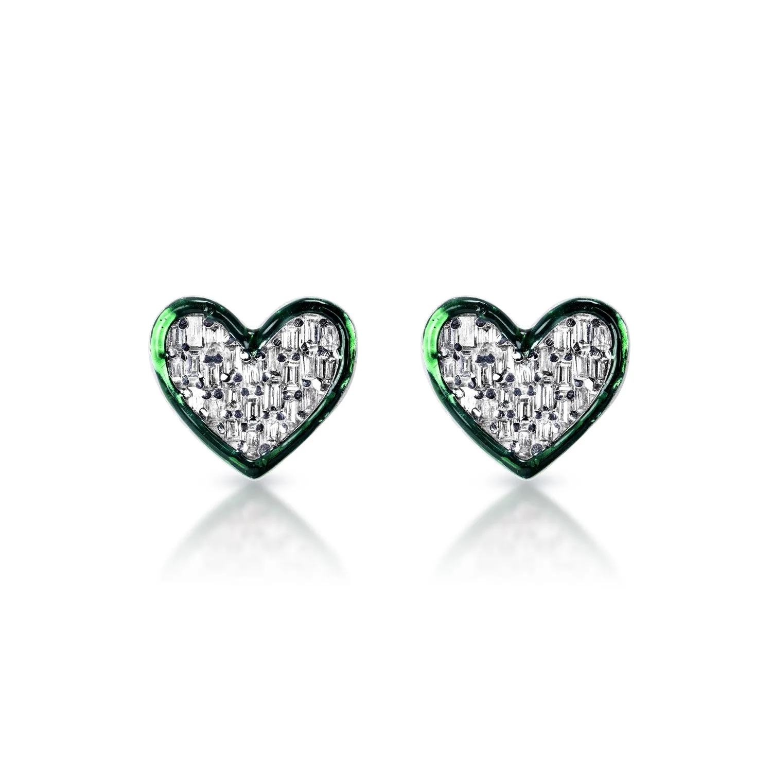 Alina Heart Baguette Cut Diamond Earrings with green enamel in 14k White Gold