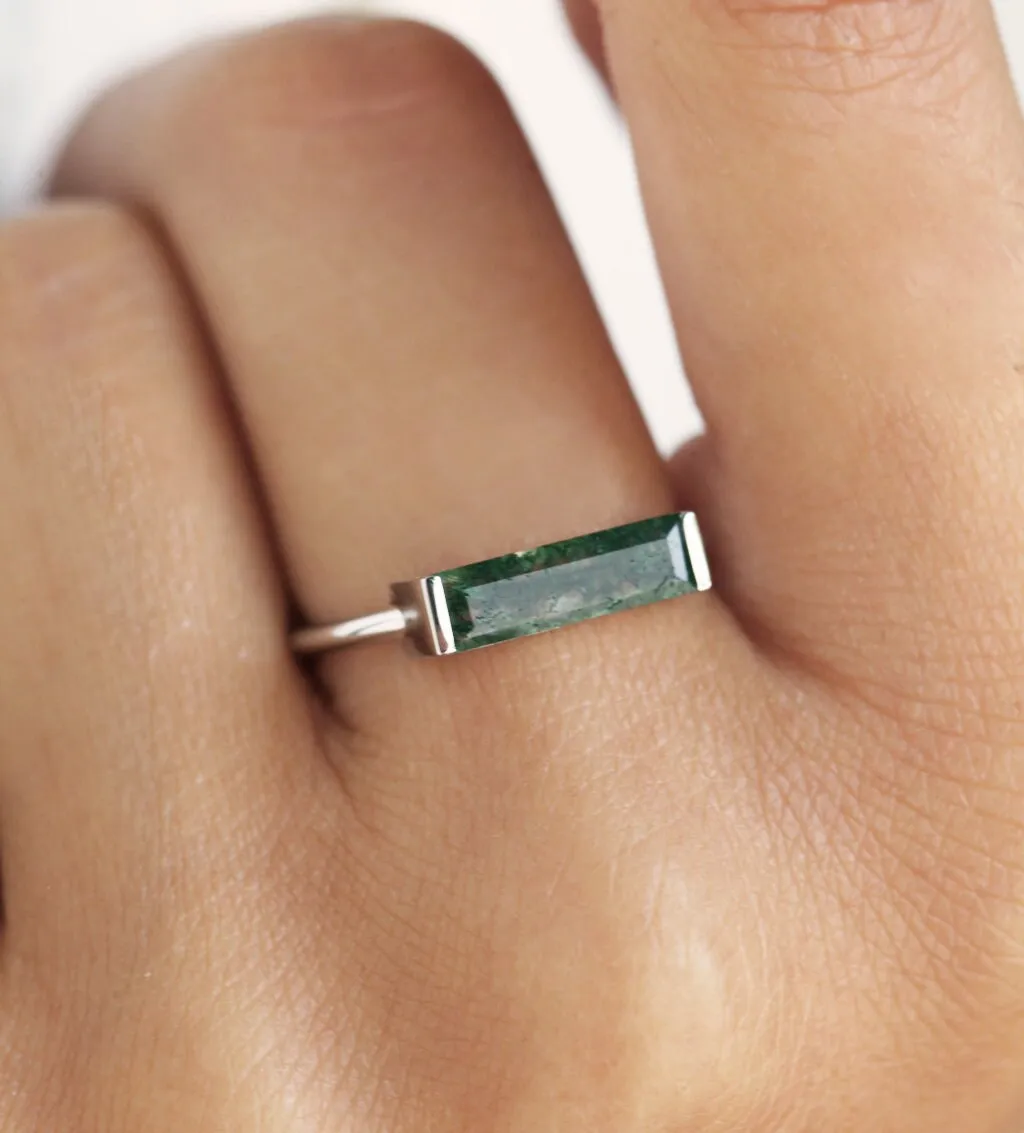 Amara Baguette Moss Agate Ring