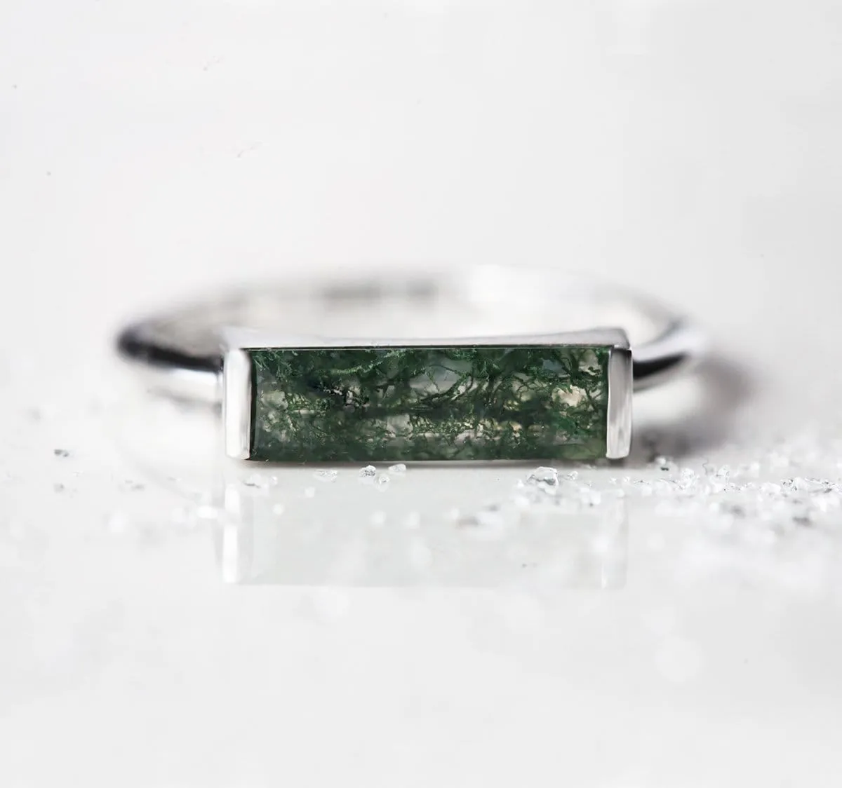 Amara Baguette Moss Agate Ring